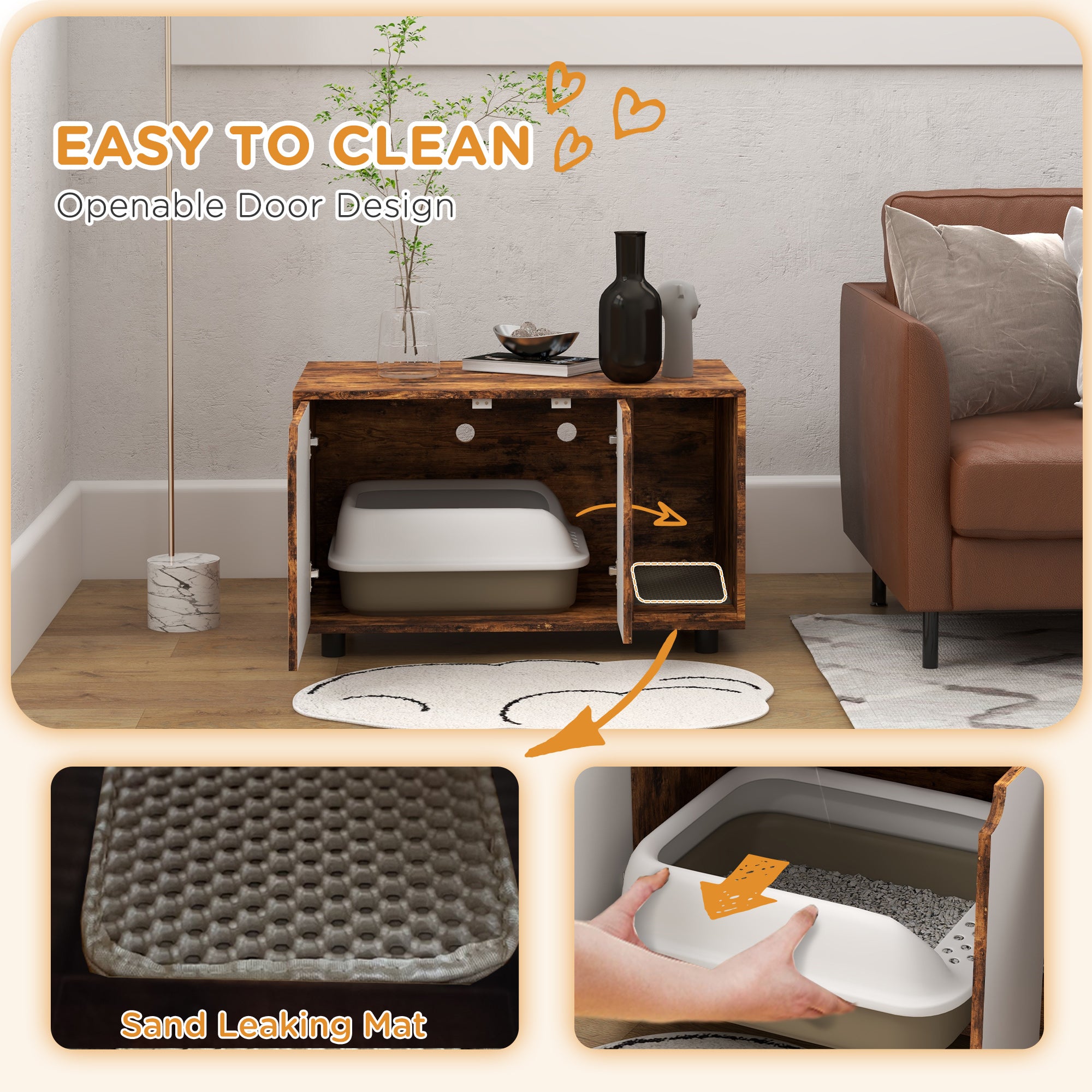 PawHut Hidden Cat Litter Box Furniture, with Sand Drain Pad - Rustic Brown