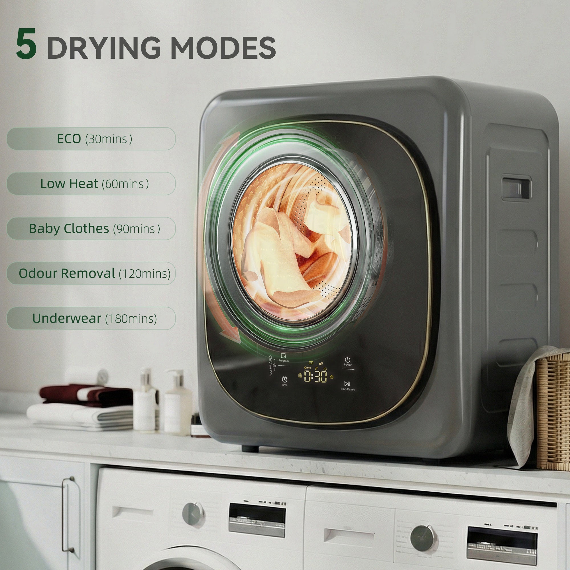 HOMCOM 4kg Vented Tumble Dryer with 5 Drying Mode, 800W Compact Freestanding Front Tumble Dryer Grey