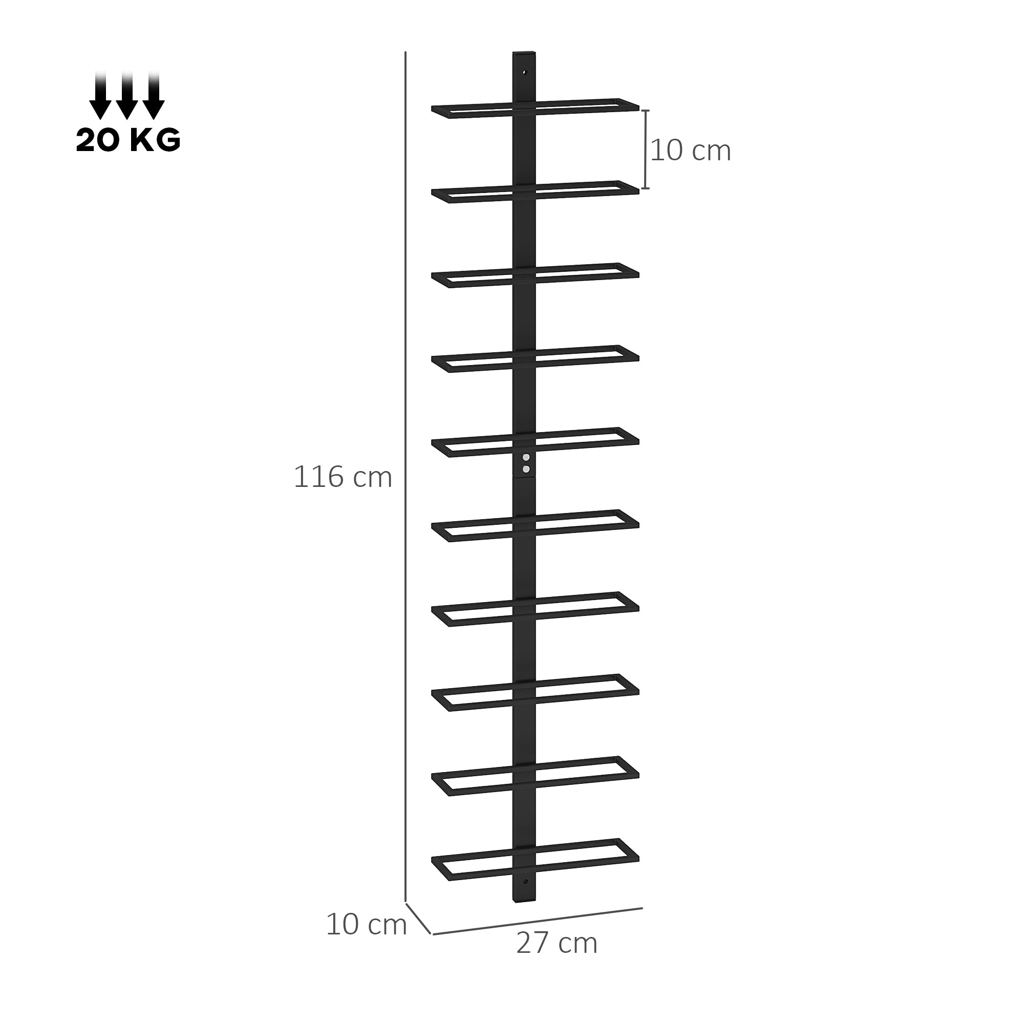 HOMCOM 10-Tier Wall Mount Wine Rack, Steel Wall Wine Rack for 10 Wine Bottles, Wall Wine Display Rack for Kitchen, Dining Room, Home Bar, Black - North Peak Garden Furniture