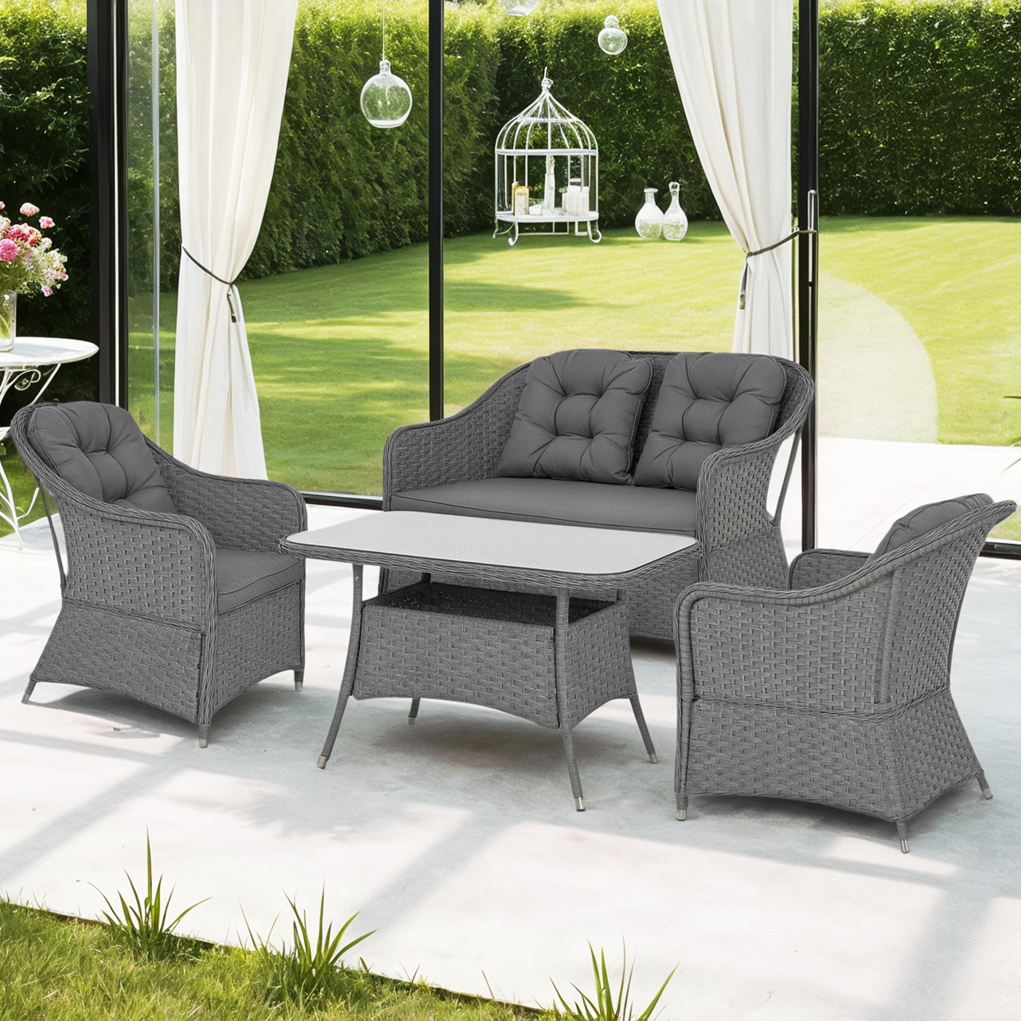 Outsunny Four-Piece Rattan Set, with Glass-Top Table - Light Grey - North Peak Garden Furniture