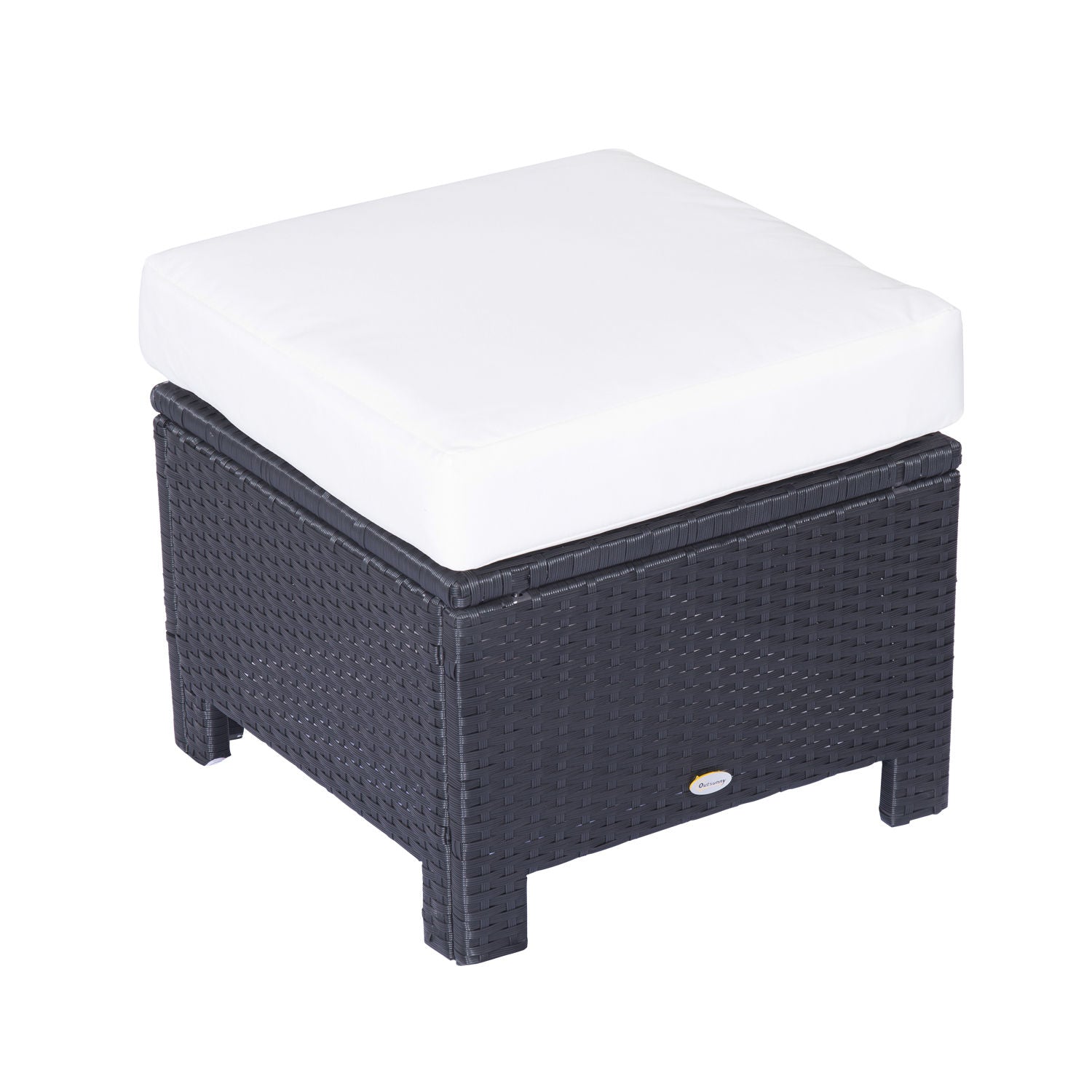 Outsunny Rattan Footstool Wicker Ottoman with Padded Seat Cushion Outdoor Patio Furniture for Garden Poolside Living Room, 50 x 50 x 35 cm, Black - North Peak Garden Furniture