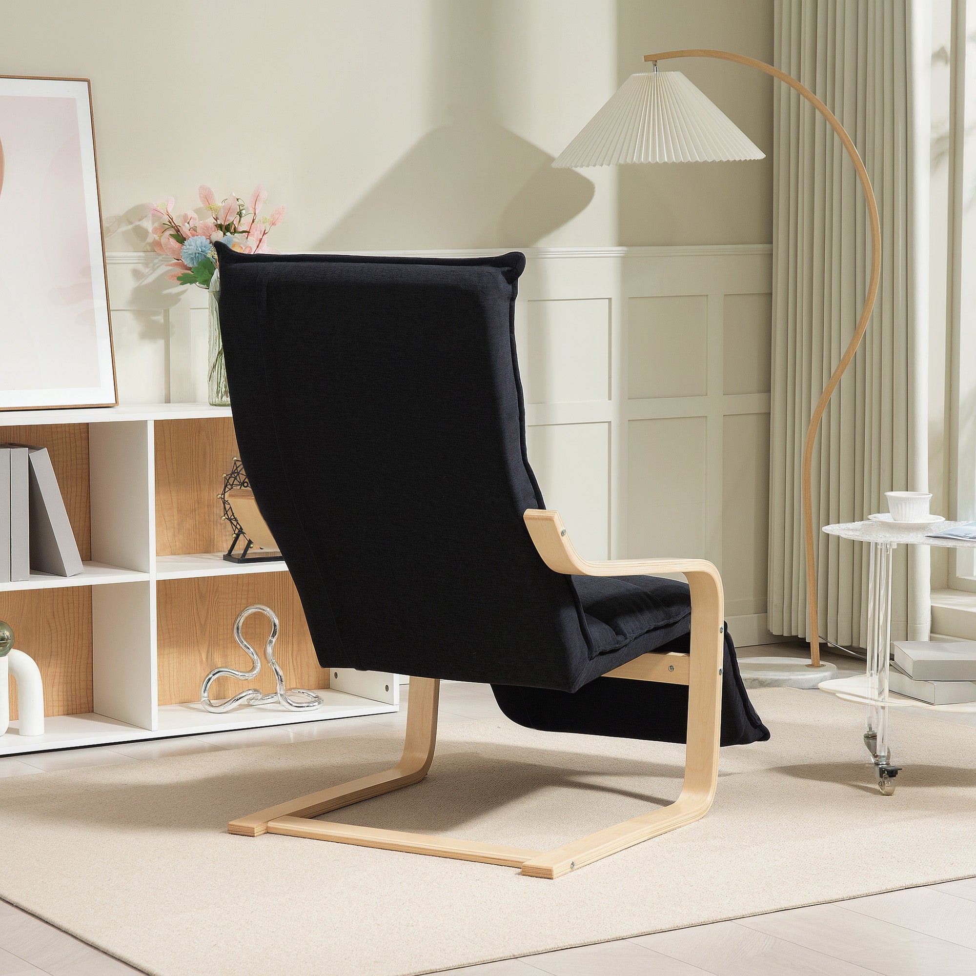 HOMCOM Curved Wooden Accent Chair, with Adjustable Footrest - Black - North Peak Garden Furniture