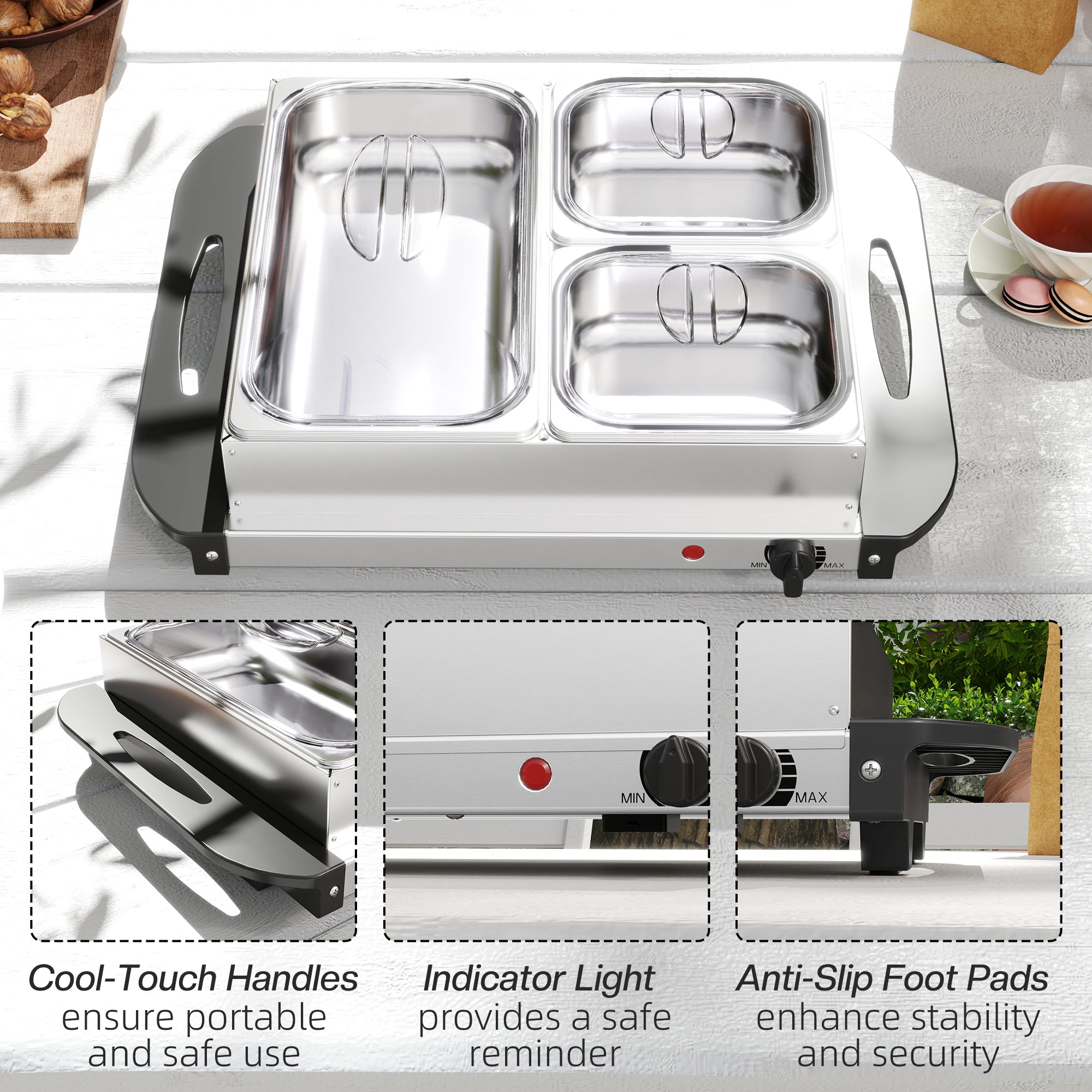 HOMCOM 4.5L Stainless Steel Electric Buffet Server, with 3x Trays and Lids, Set of 2