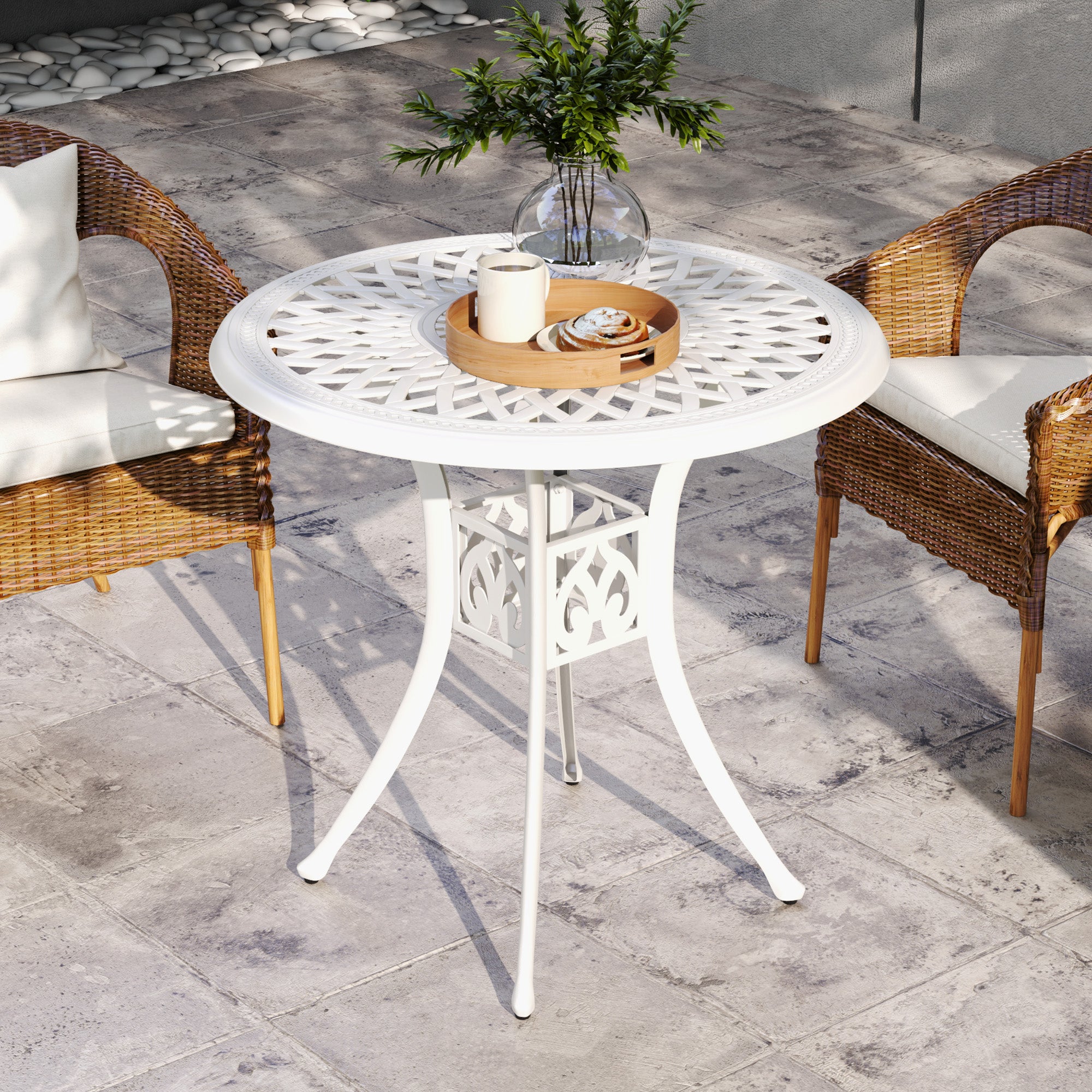 Outsunny 78 cm Round Garden Dining Table with Parasol Hole Antique Cast Aluminium Outdoor Table Only, White - North Peak Garden Furniture