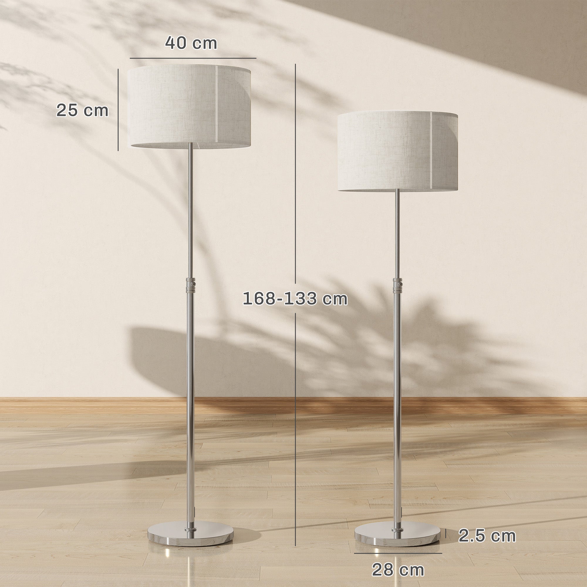 HOMCOM Floor Lamp with Remote, Height Adjustable Standing Lamp with Linen Shade, Dimmable with 3000K-6000K Adjustable Colour Temperatures, Foot Switch for Living Room Bedroom Office, Silver Tone