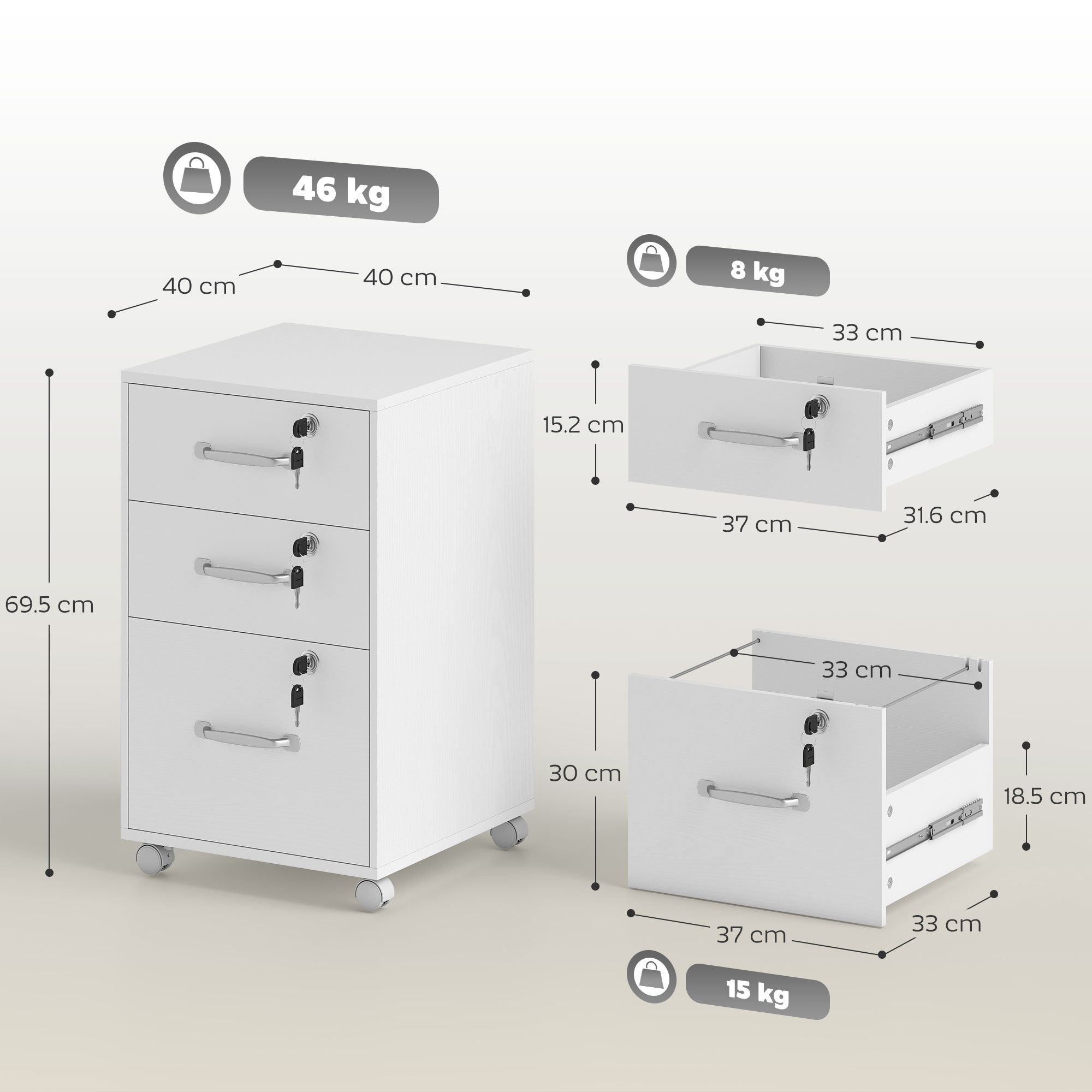 HOMCOM Three Drawer Wood-Effect Filing Cabinet - White