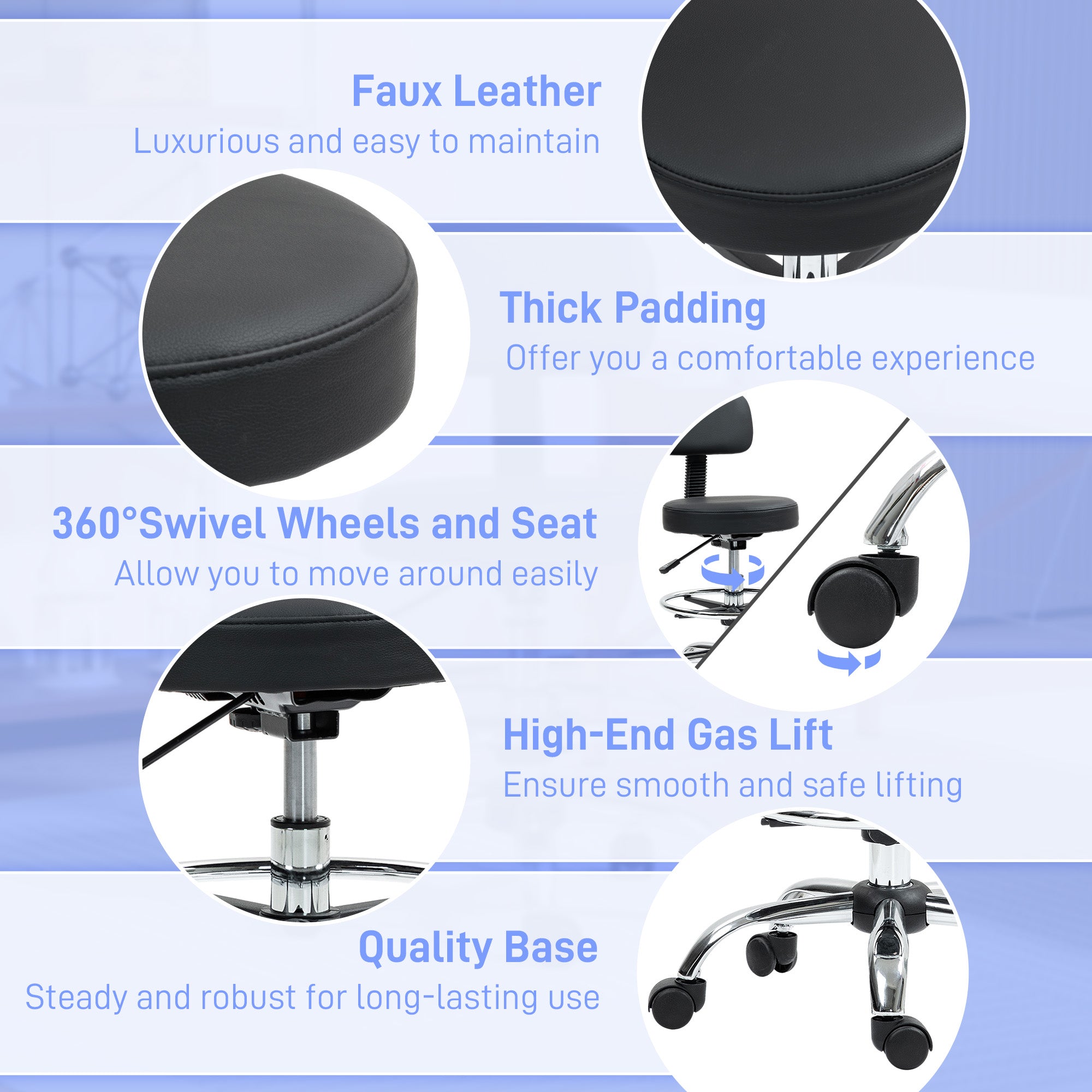 HOMCOM Draughtsman Chair, Faux Leather Height Adjustable Stool with Footrest, 360° Swivel Chair for Study and Bedroom, Black - North Peak Garden Furniture
