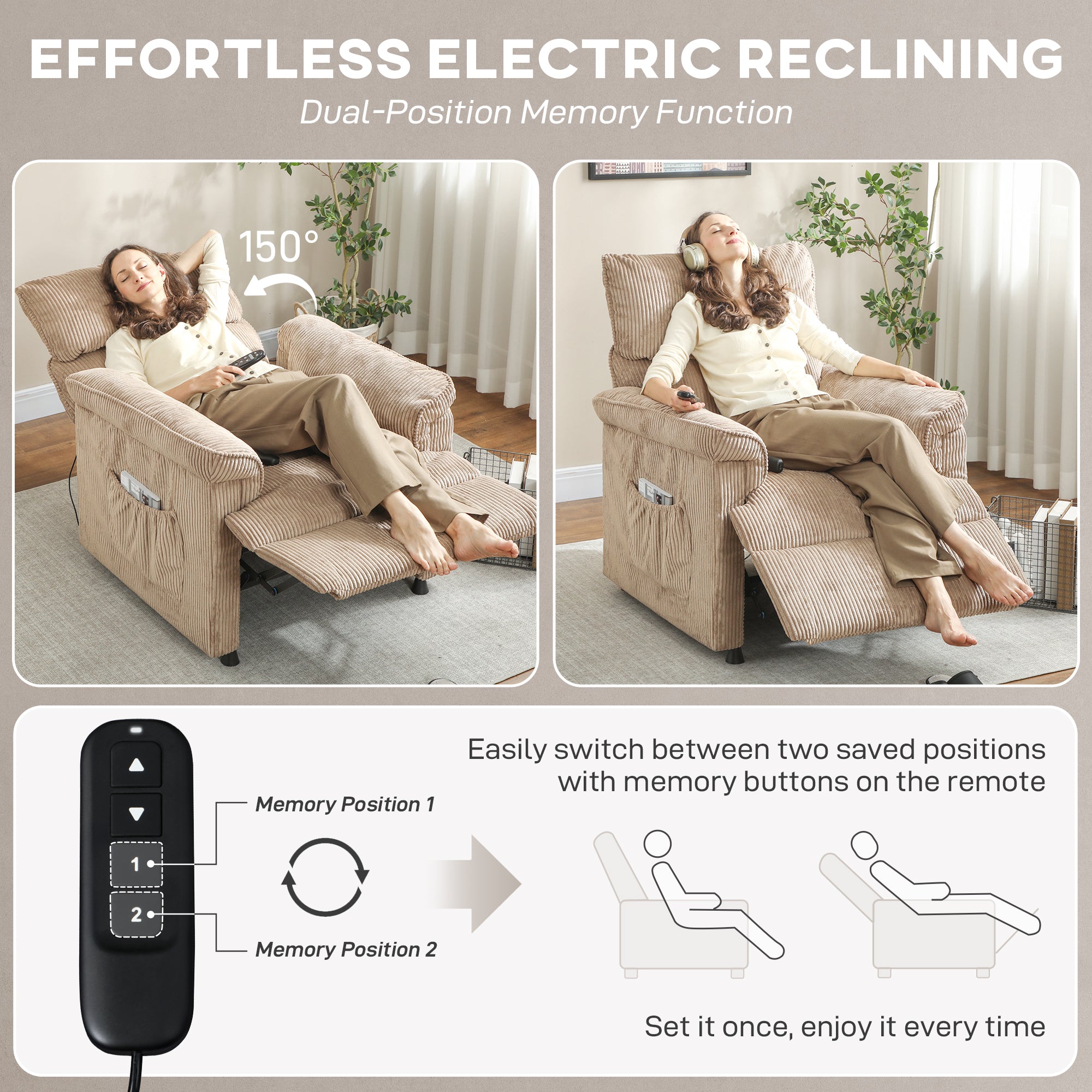 HOMCOM Corduroy Electric Massage Recliner - Brown
