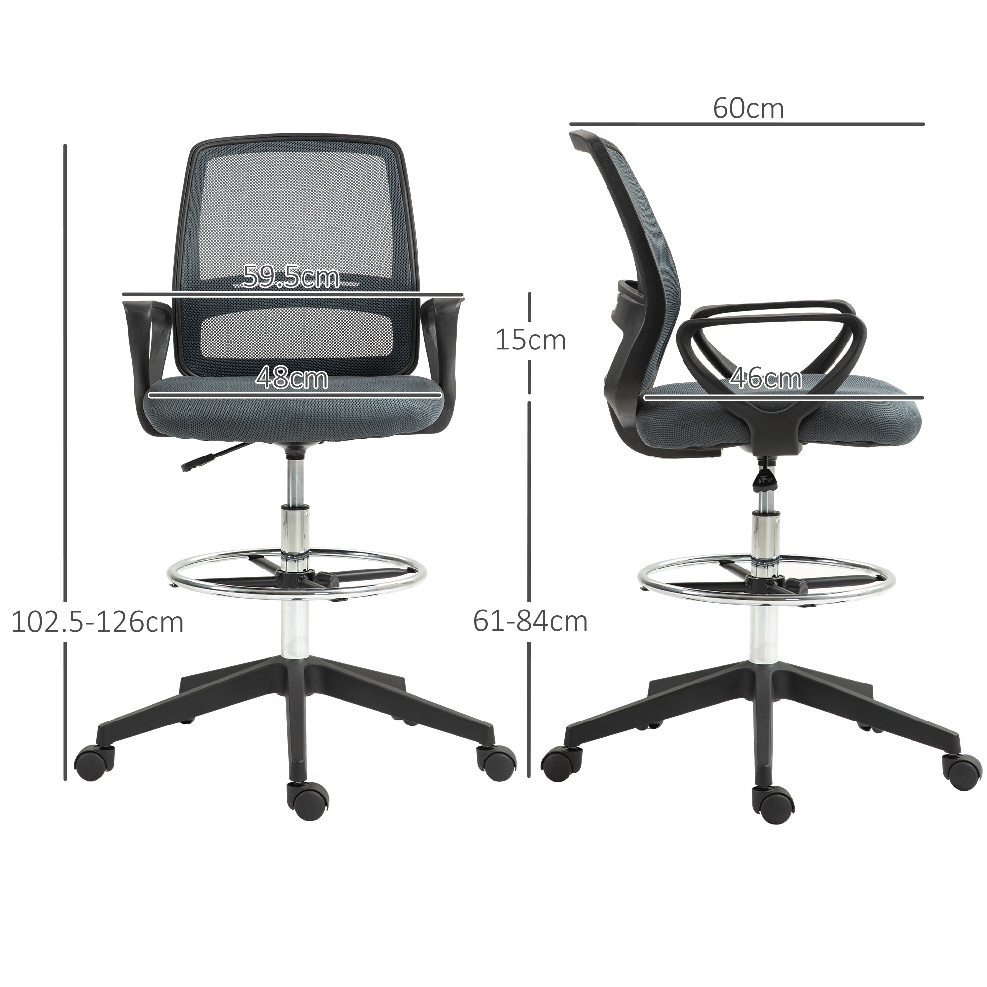 Vinsetto Ergonomic Mesh Back Drafting Chair Draughtsman Chair with Adjustable Height, Grey - North Peak Garden Furniture