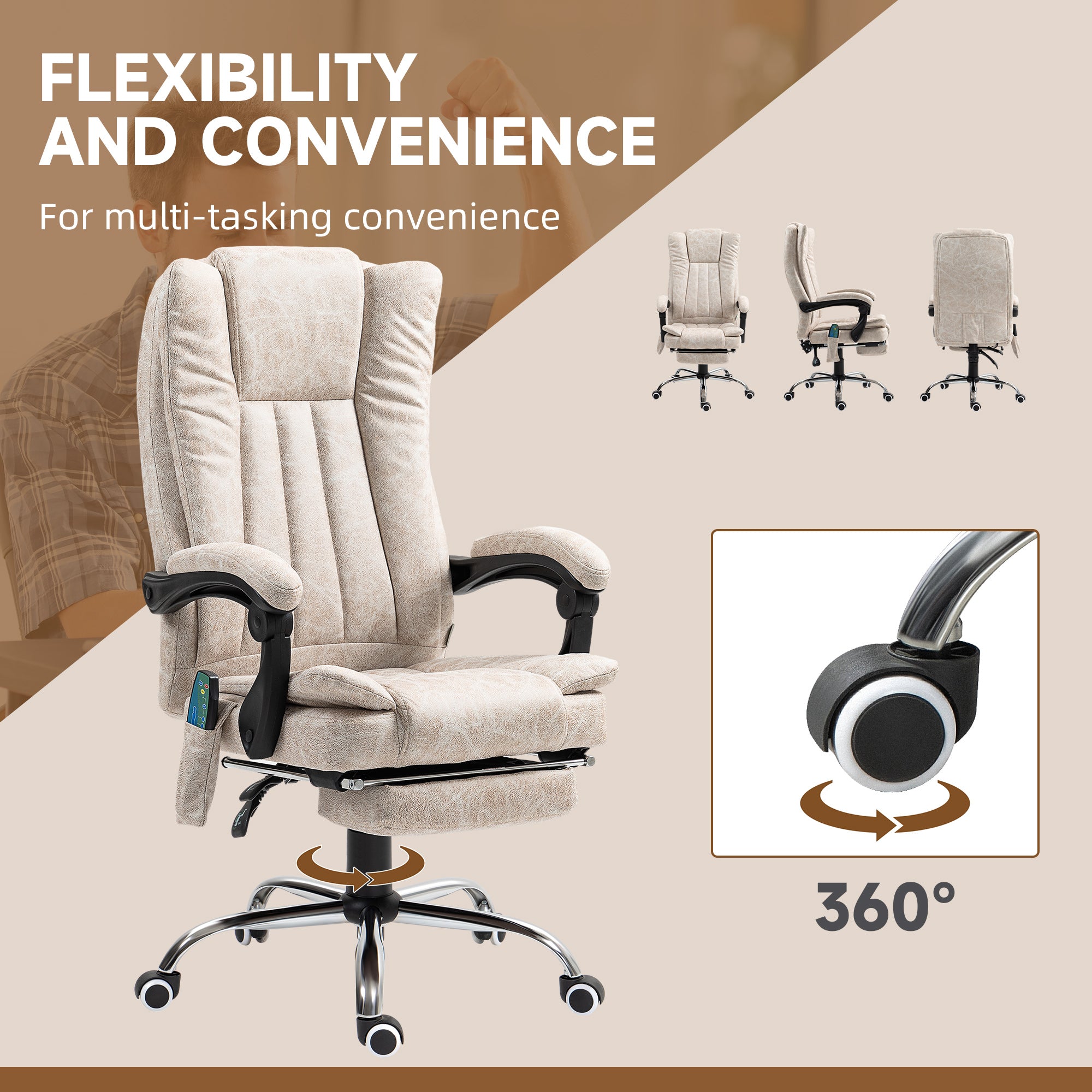 Vinsetto Vibrating Massage Office Chair with Heat, Desk Chair with Height Adjustable and Footrest, Cream White - North Peak Garden Furniture