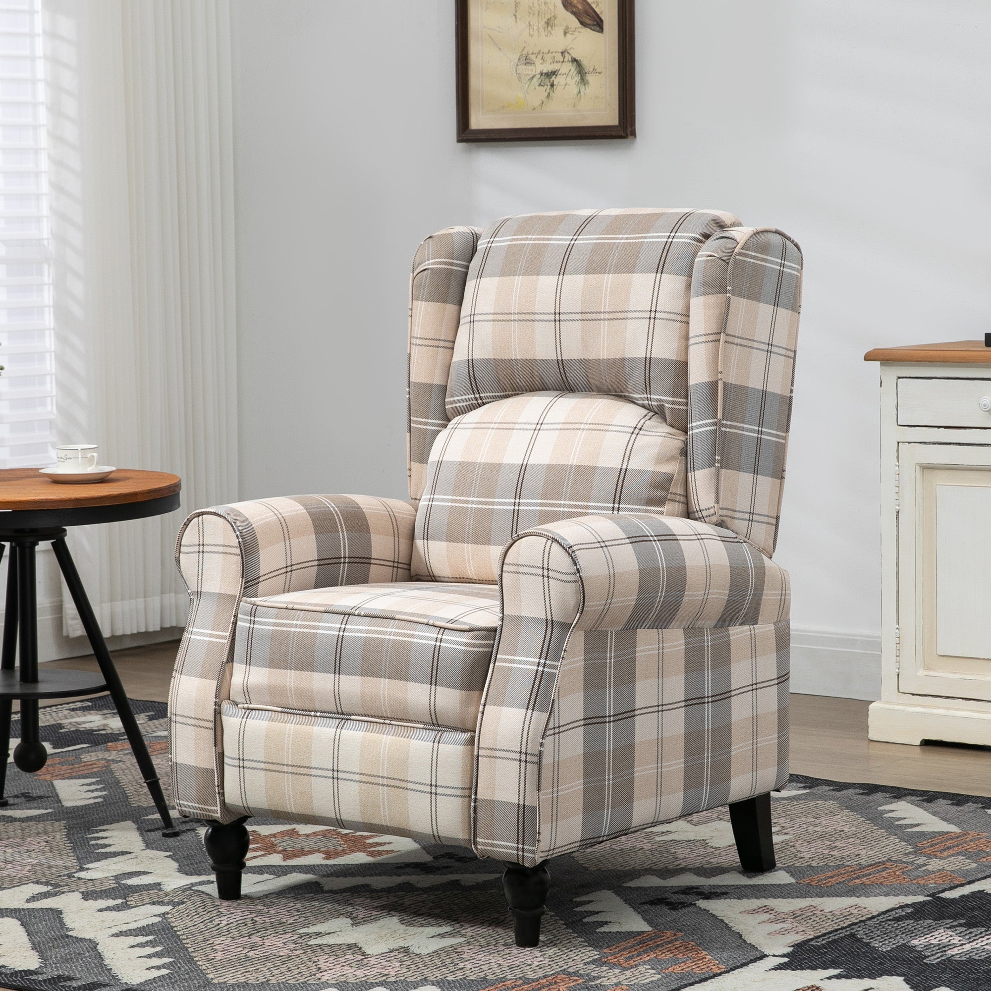 HOMCOM Farmhouse Recliner Armchair for Living Room, Wingback Reclining Chair with Footrest, Round Armrests and Rubber Wood Legs, Khaki - North Peak Garden Furniture