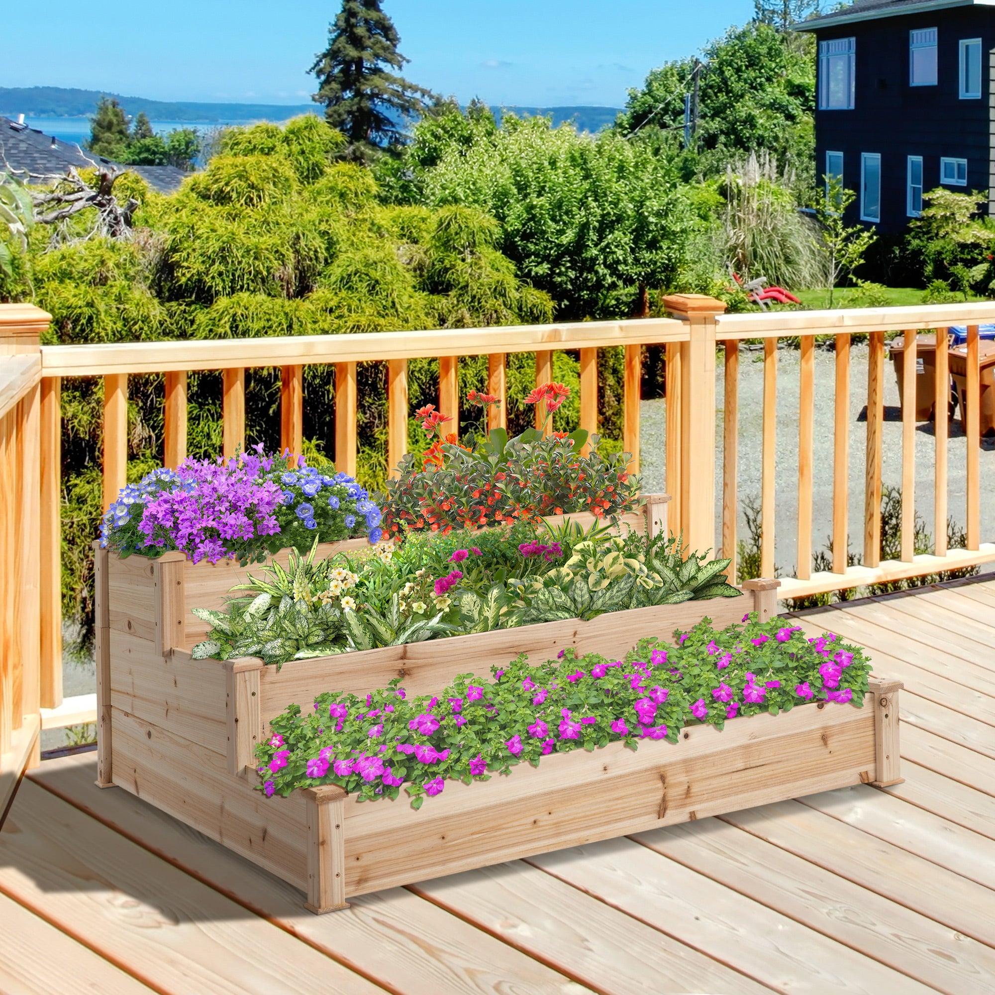 Outsunny 470L Raised Garden Bed, 3-Tier Planter Kit, Elevated Wooden Planters for Garden, Yard & Patio, 124 x 124 x 56 cm - North Peak Garden Furniture