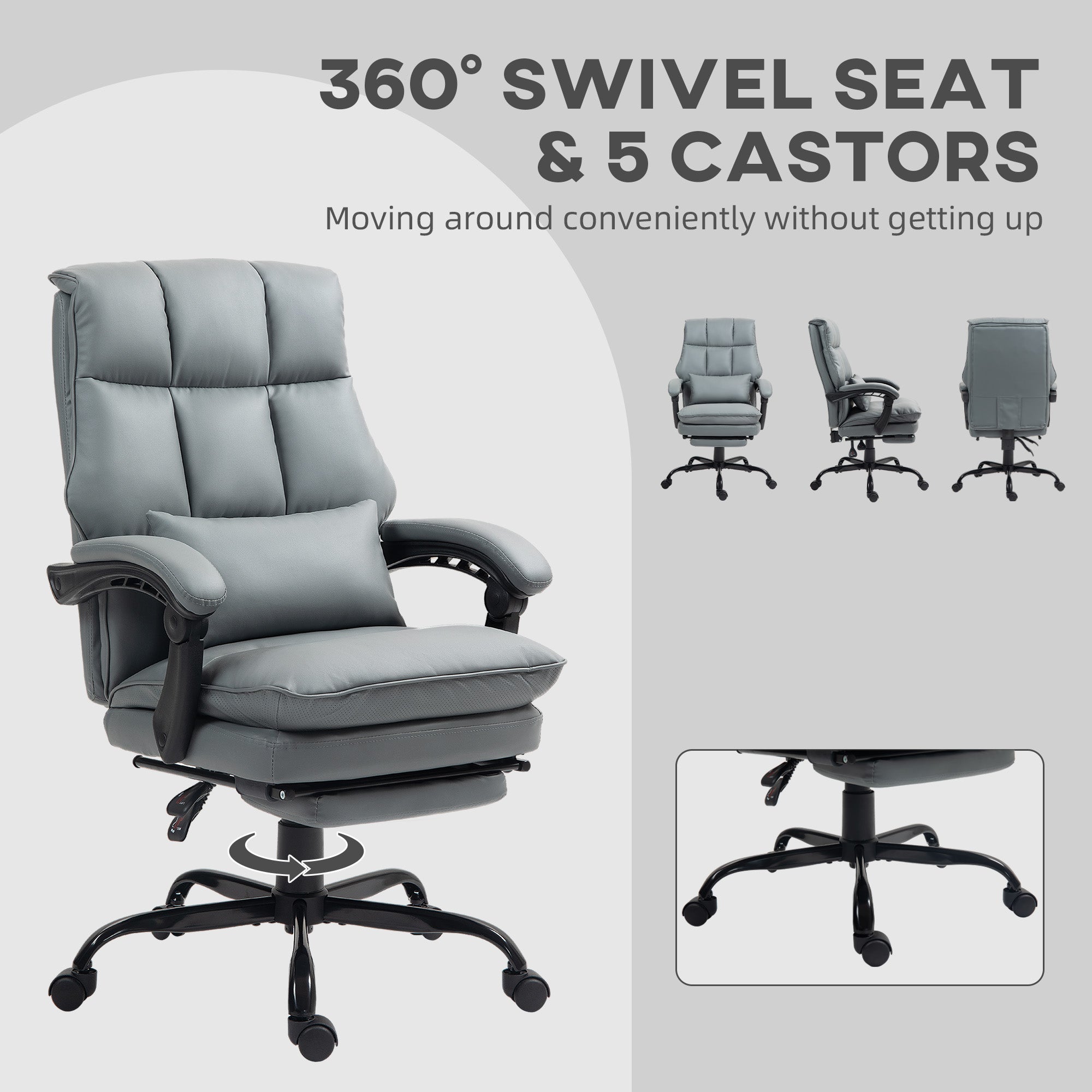HOMCOM Faux Leather Reclining Office Chair, with Footrest - Grey - North Peak Garden Furniture