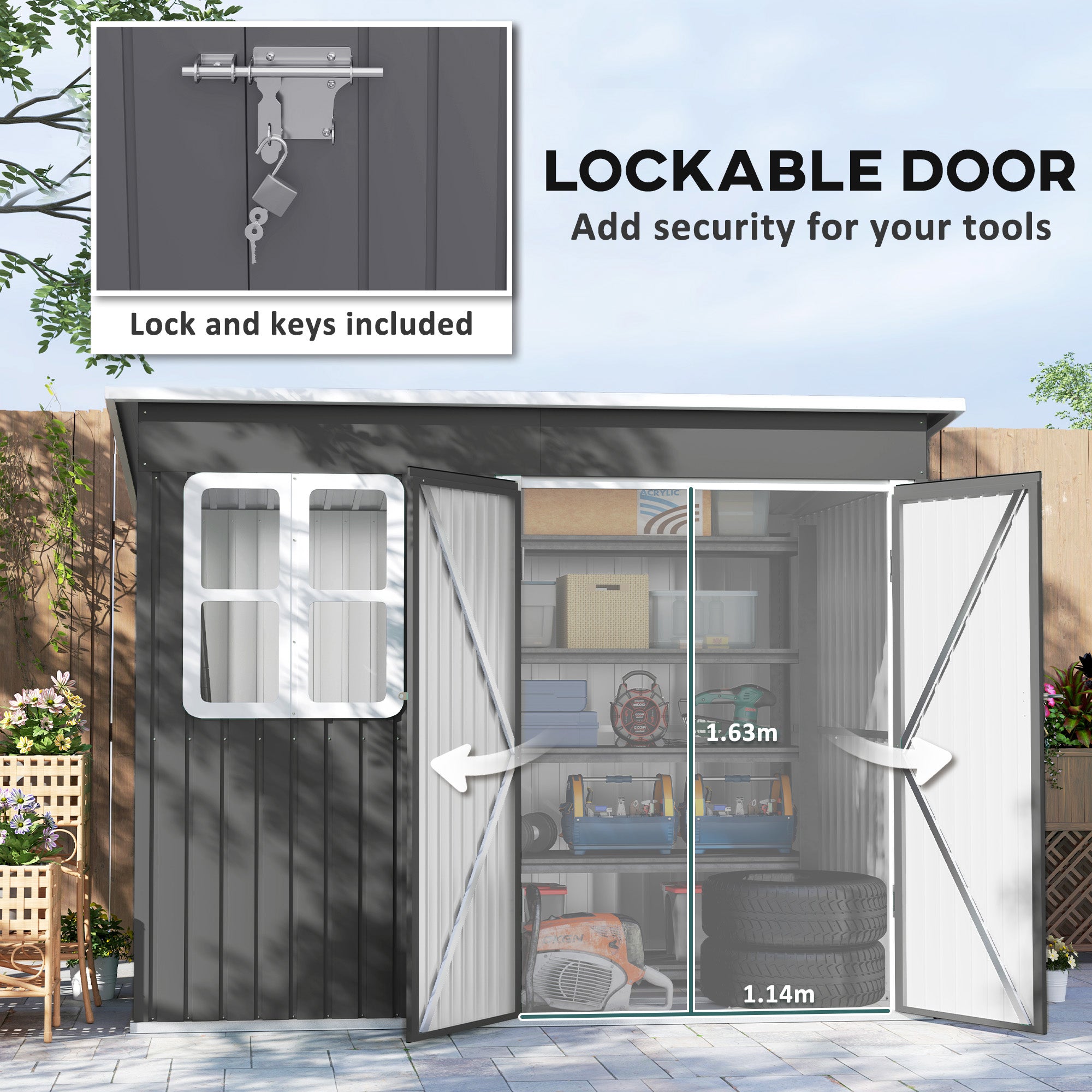 Outsunny 8.5 x 6ft Storage Shed Galvanised Steel Garden Shed, Metal Shed with Foundation Kit, Window, Lockable Wide Doors and Air Vents for Outdoor Patio, Dark Grey - North Peak Garden Furniture