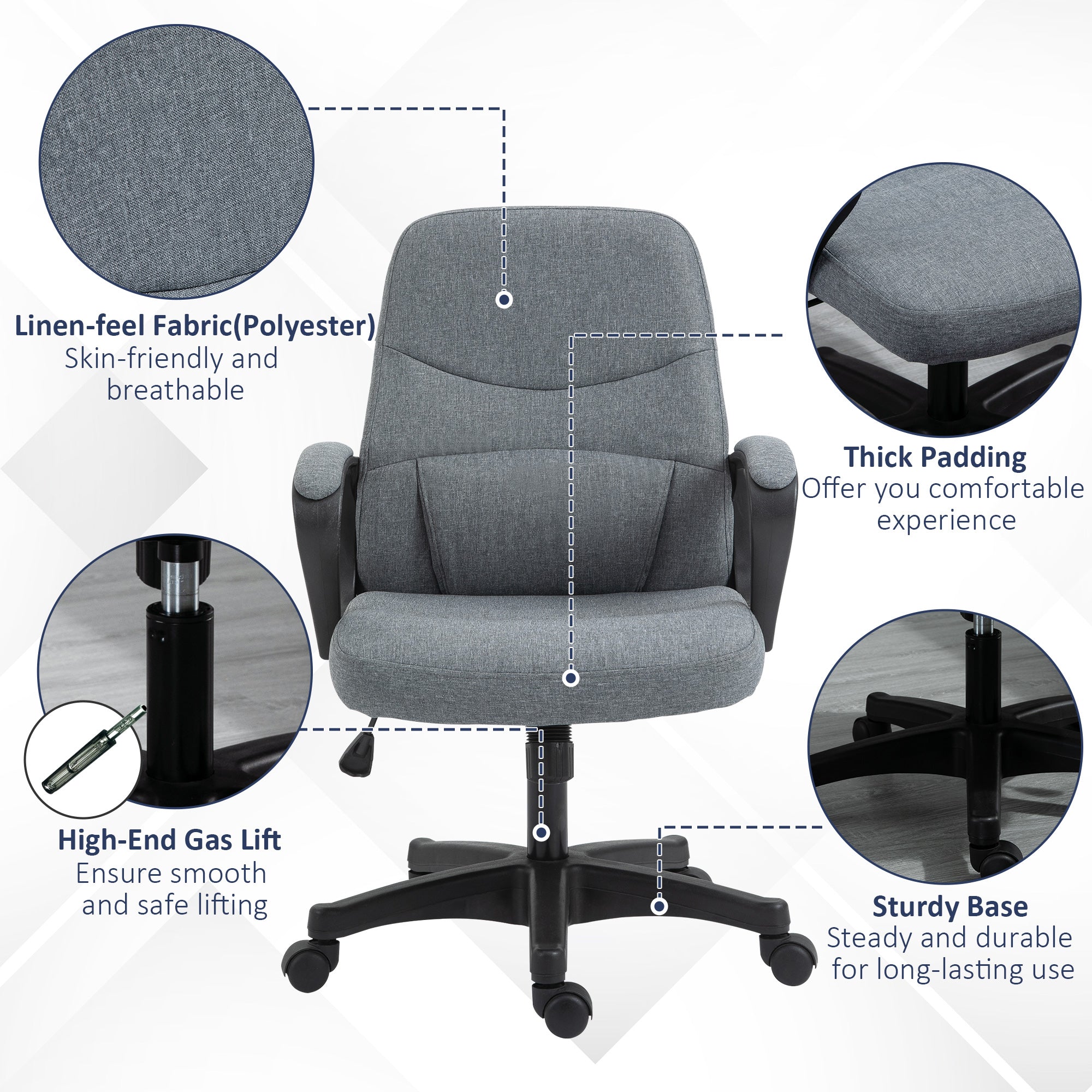 Vinsetto Office Chair, Fabric Desk Chair Mid Back Work Study Chair with Massage Lumbar Support, Adjustable Height and Swivel Wheels, Grey - North Peak Garden Furniture
