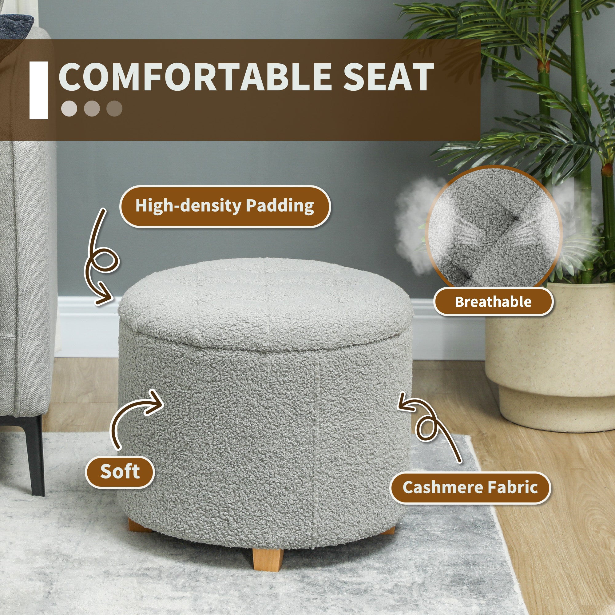 HOMCOM 31.8L Teddy Fleece Storage Ottoman - Dark Grey - North Peak Garden Furniture