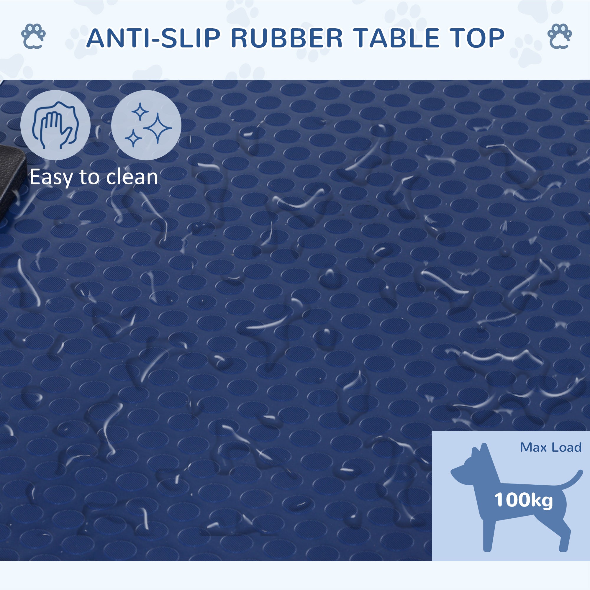 PawHut Adjustable Dog Grooming Table Rubber Top 2 Safety Slings Mesh Storage Basket Heavy Metal Blue 107 x 60 x 170cm