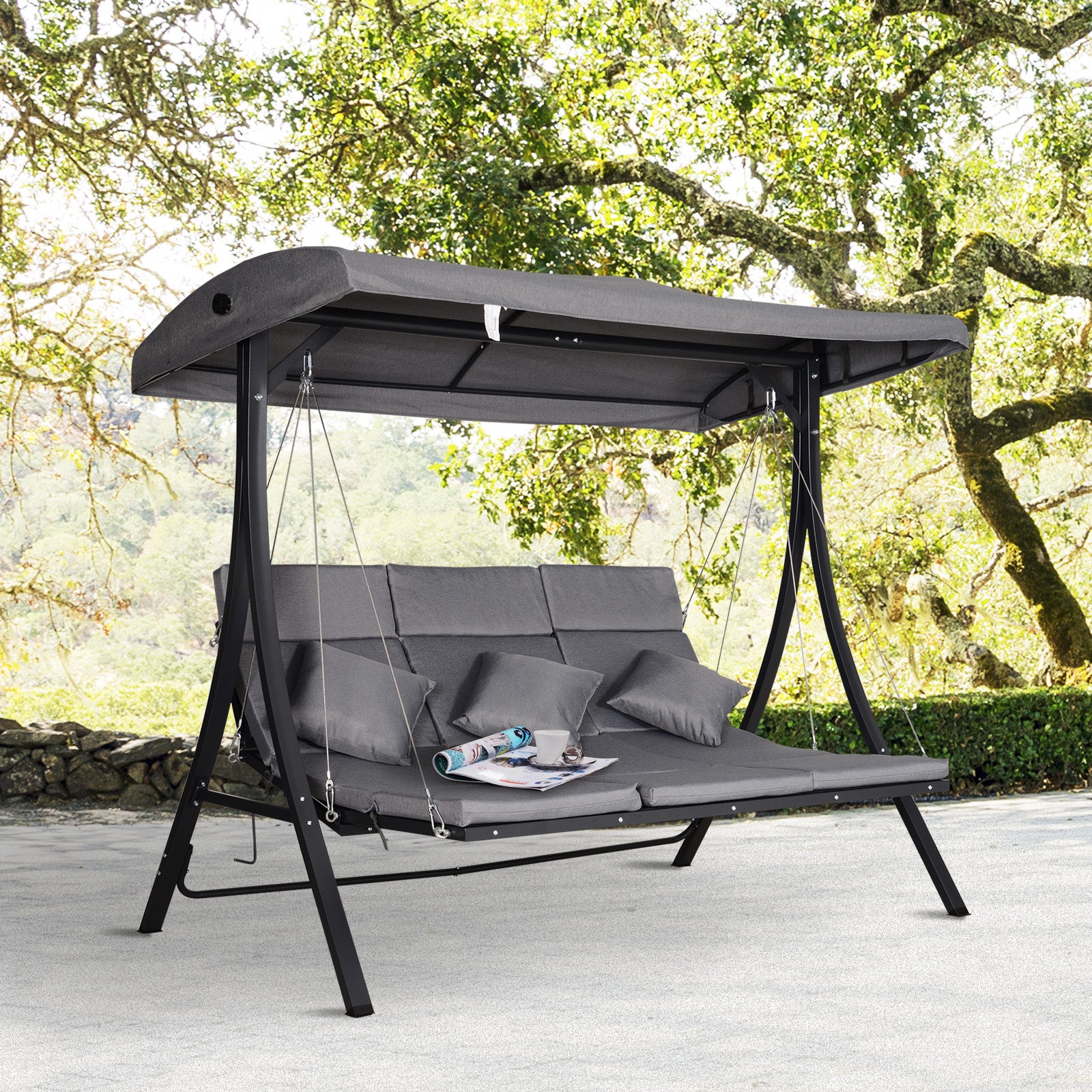 Outsunny 3 Seater Garden Swing Seat Outdoor Swing Chairs Chaise Lounge Padded Seat Hammock Canopy Porch Patio Bench Bed Recliner Sun Lounger - Grey - North Peak Garden Furniture