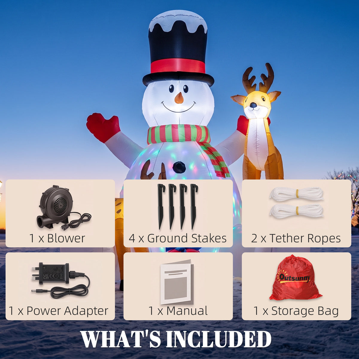 Outsunny 7ft Giant Christmas Inflatable Snowman with 2 Reindeer, Outdoor Blow Up Christmas Decoration with LEDs, Bag