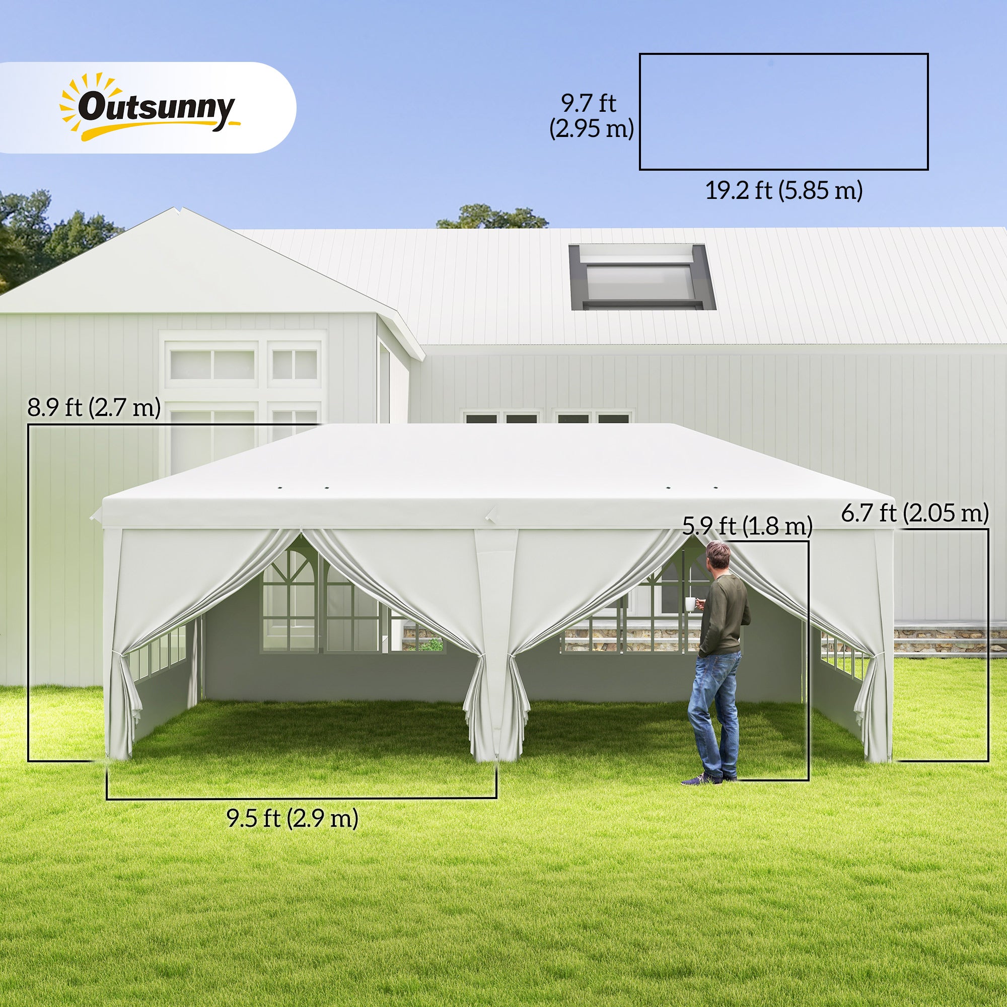 Outsunny 3 x 6 m Pop Up Gazebo with Sides and Windows, Height Adjustable Party Tent with Storage Bag for Garden, Camping, Event, White - North Peak Garden Furniture