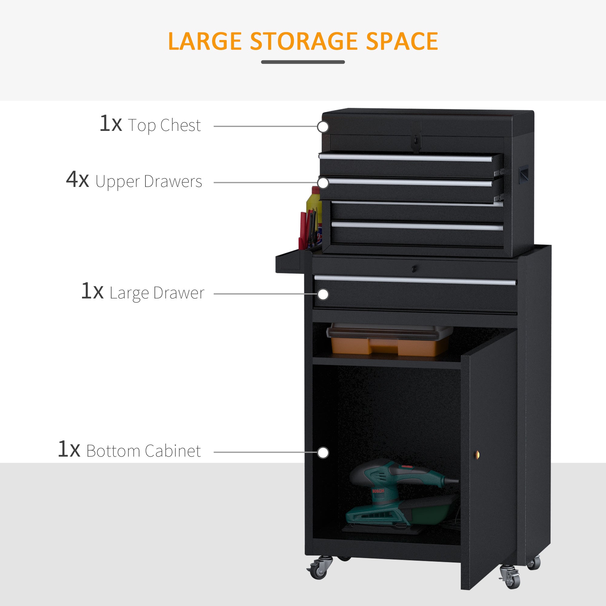 DURHAND Tool Chest 2 in 1 Metal Tool Cabinet Storage Box with 5 Drawers Pegboard Wheels 60x28x104.5cm Black - North Peak Garden Furniture