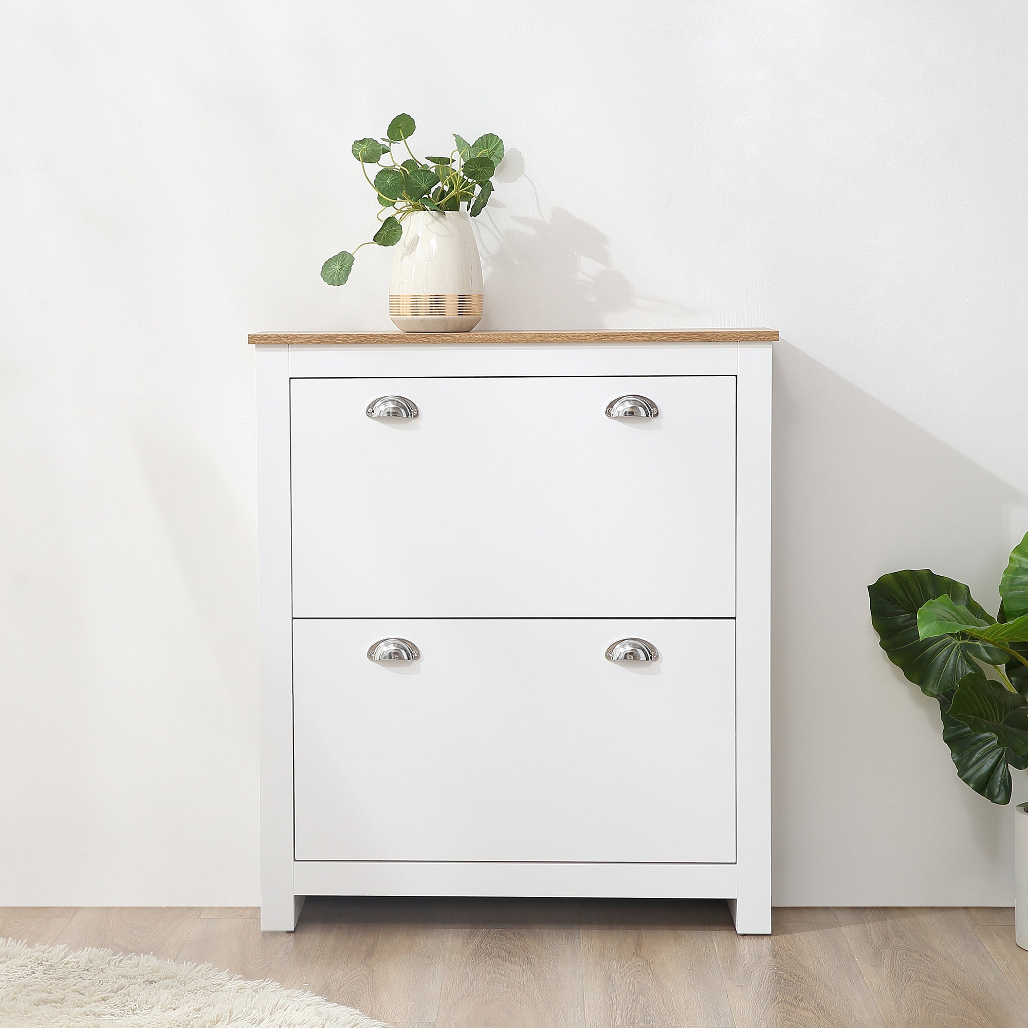 HOMCOM 2 Drawer Shoe Cabinet Modern Narrow Shoe Cupboard Hallway Wooden Storage Organiser with Flip Doors Adjustable Shelf for 12 Pairs White - North Peak Garden Furniture