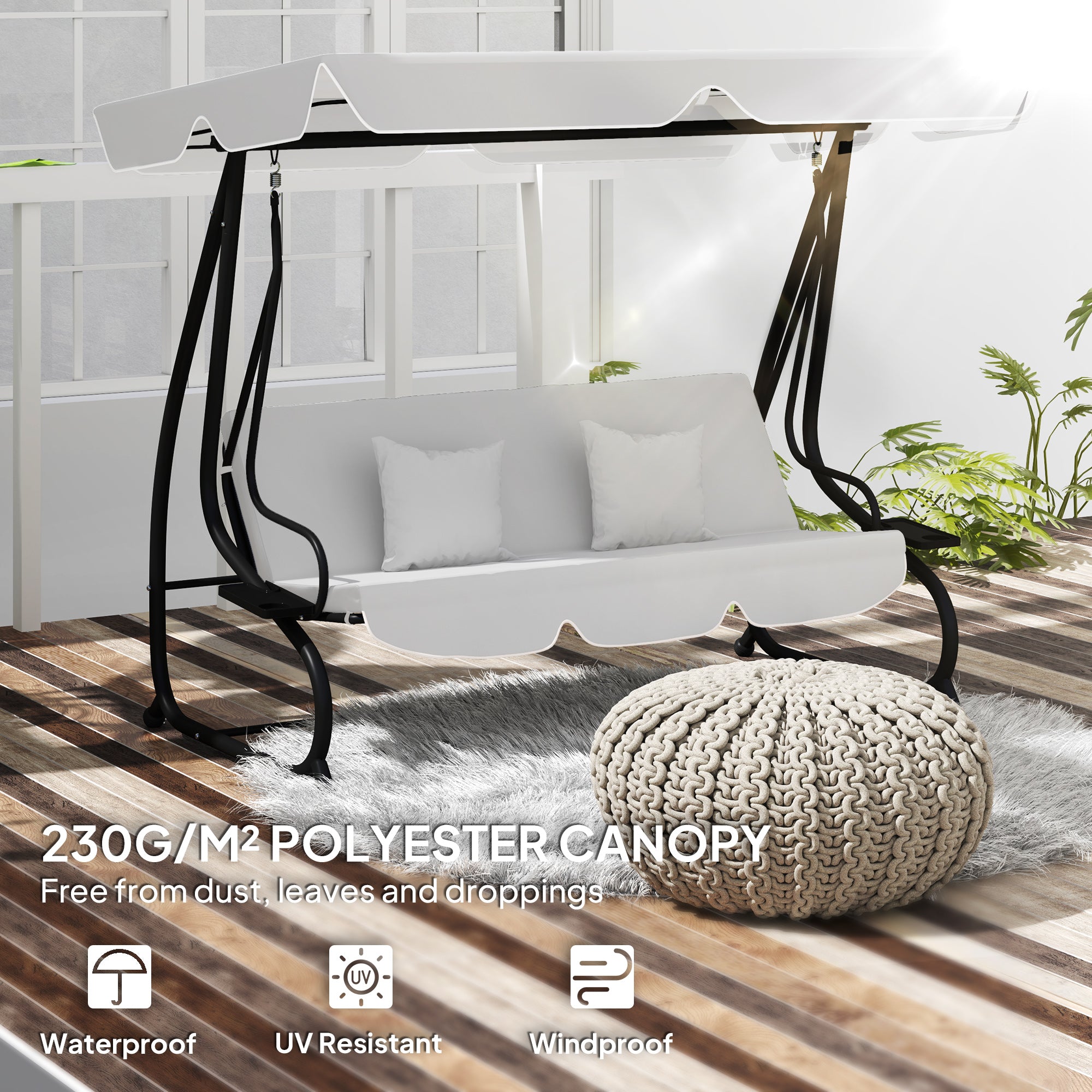 Outsunny Garden Swing Canopy Replacement 3 Seater, Waterproof Garden Swing Seat Canopy Cover, Windproof Anti-UV Sun Shade (Canopy Only) for Patio, Balcony, Light Grey - North Peak Garden Furniture