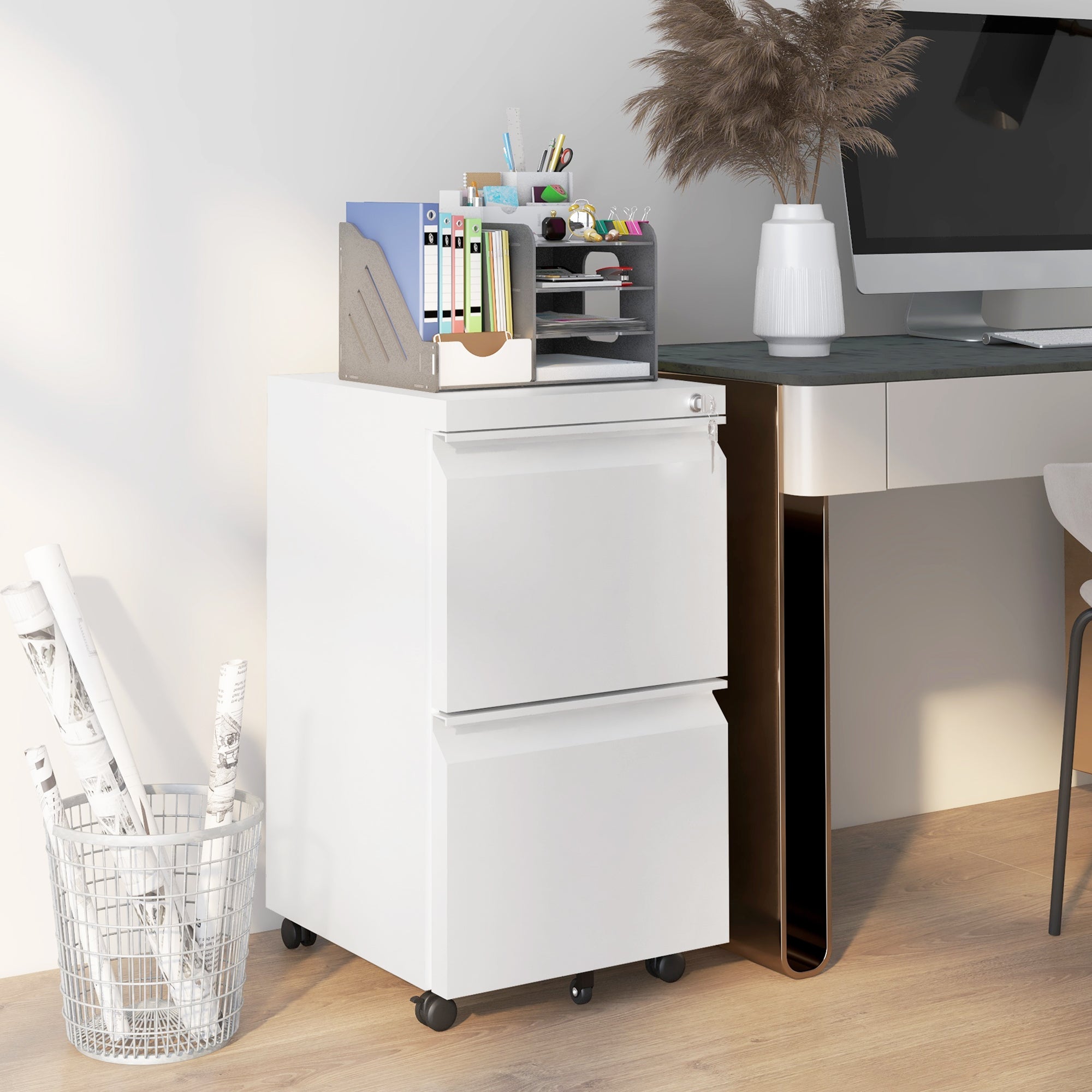 Vinsetto 2-Drawer Mobile Filing Cabinet, Steel Lockable File Cabinet for Letter, A4 and Legal Size, Pre-Assembled Body, White - North Peak Garden Furniture