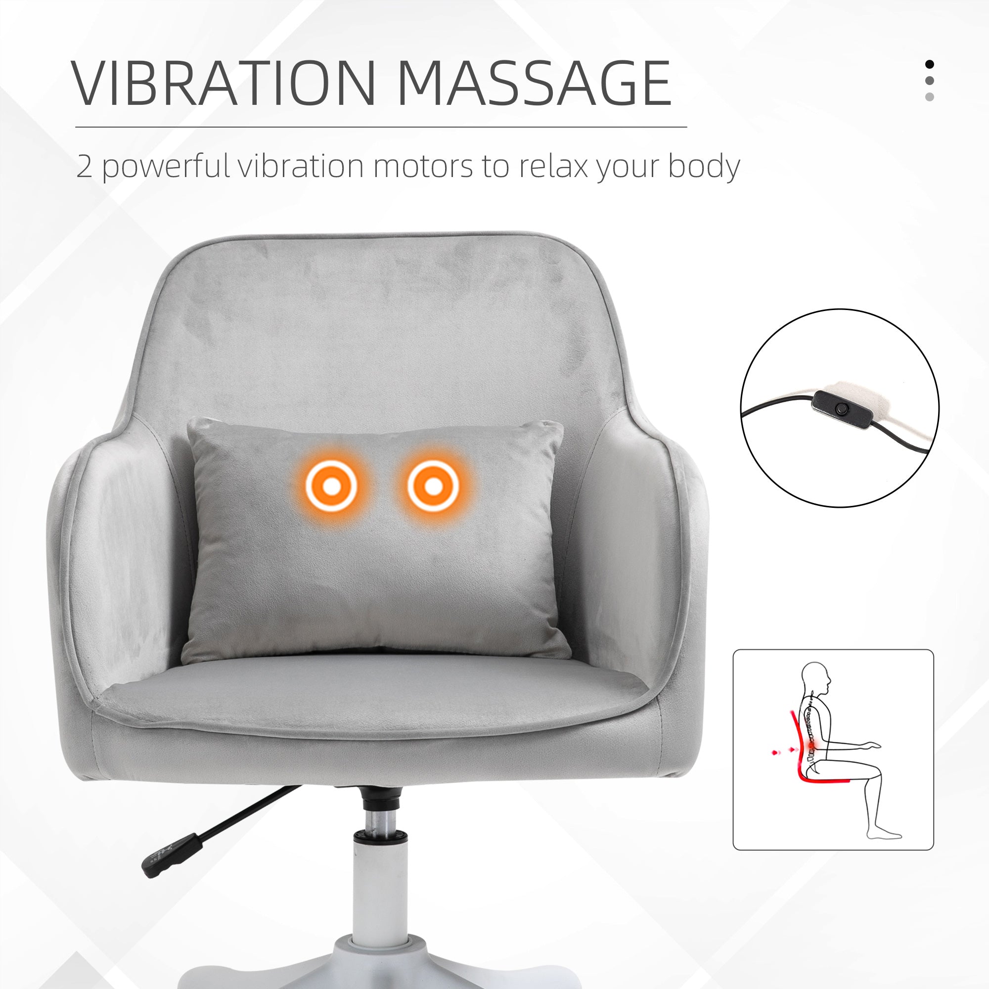 Vinsetto Velvet Office Chair, Desk Chair, Makeup Vanity Chair with Massage Lumbar Pillow and Rolling Wheels for Bedroom and Home, Grey - North Peak Garden Furniture