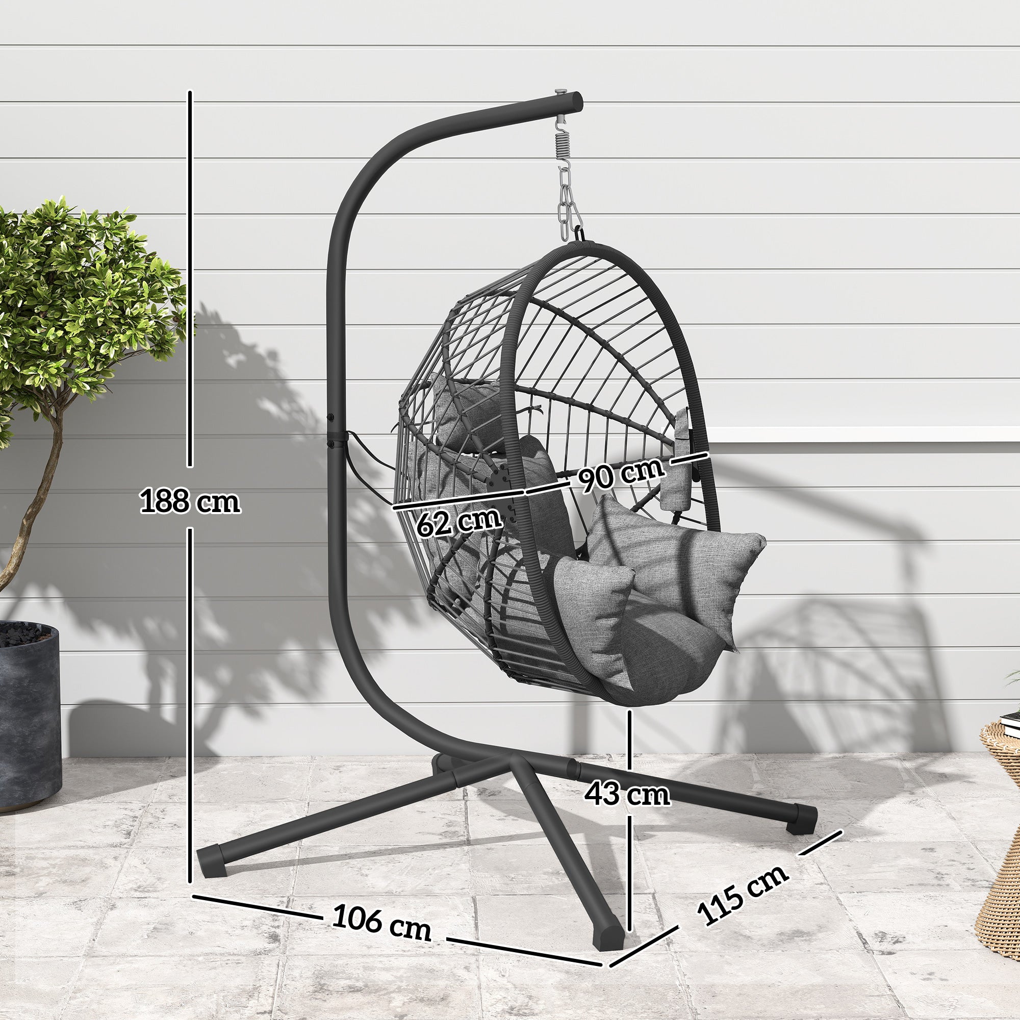 Outsunny Metal Stand Hanging Egg Chair, with Full Body Padded Seat - Grey - North Peak Garden Furniture