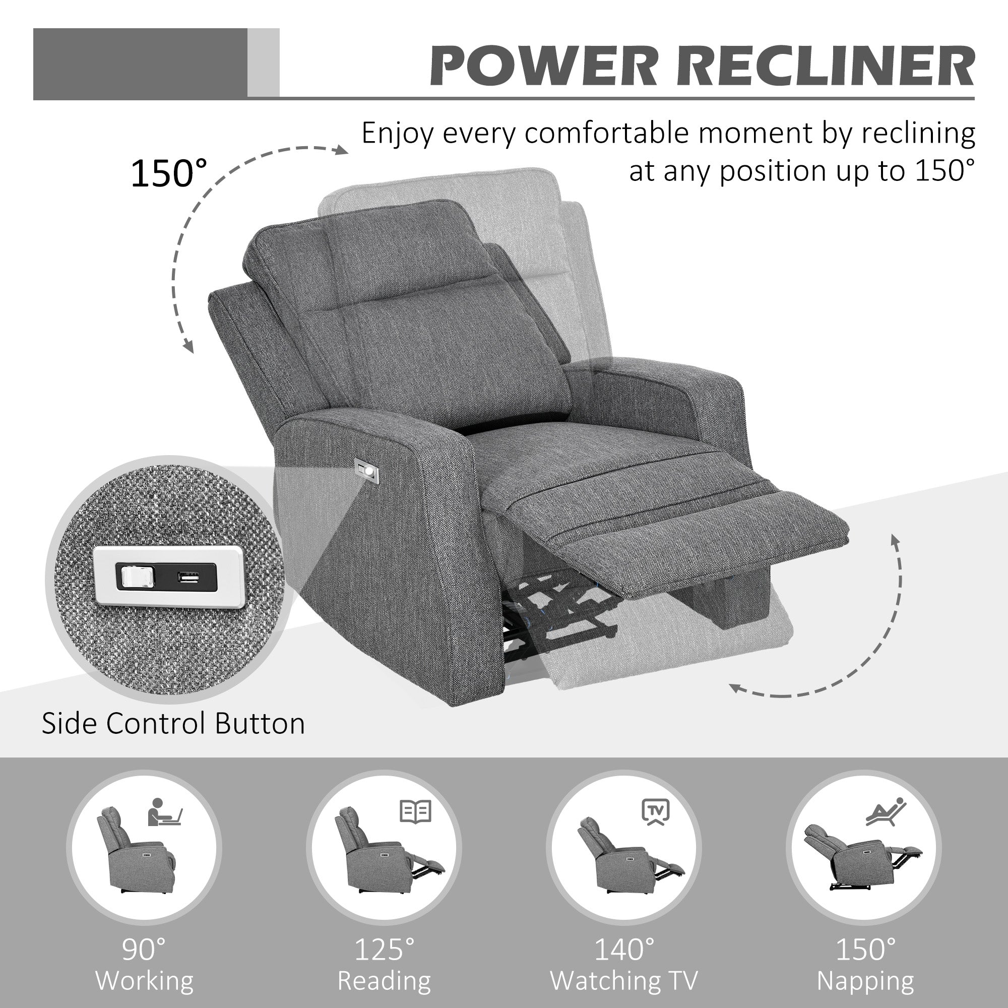 HOMCOM 150° Electric Reclining Chair, with USB port and Footrest - Charcoal Grey - North Peak Garden Furniture