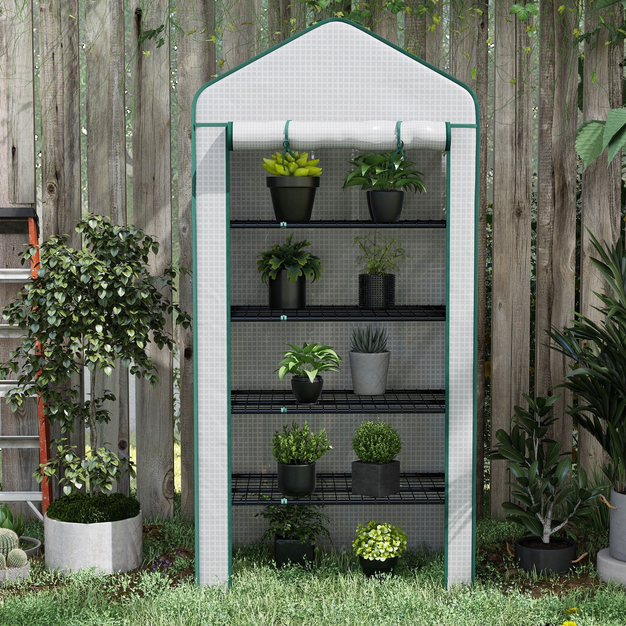 Outsunny 5 Tier Widened Mini Greenhouse with Reinforced PE Cover, Portable Indoor Outdoor Green House with Roll-up Door and Wire Shelves, 193H x 90W x 49Dcm, White - North Peak Garden Furniture