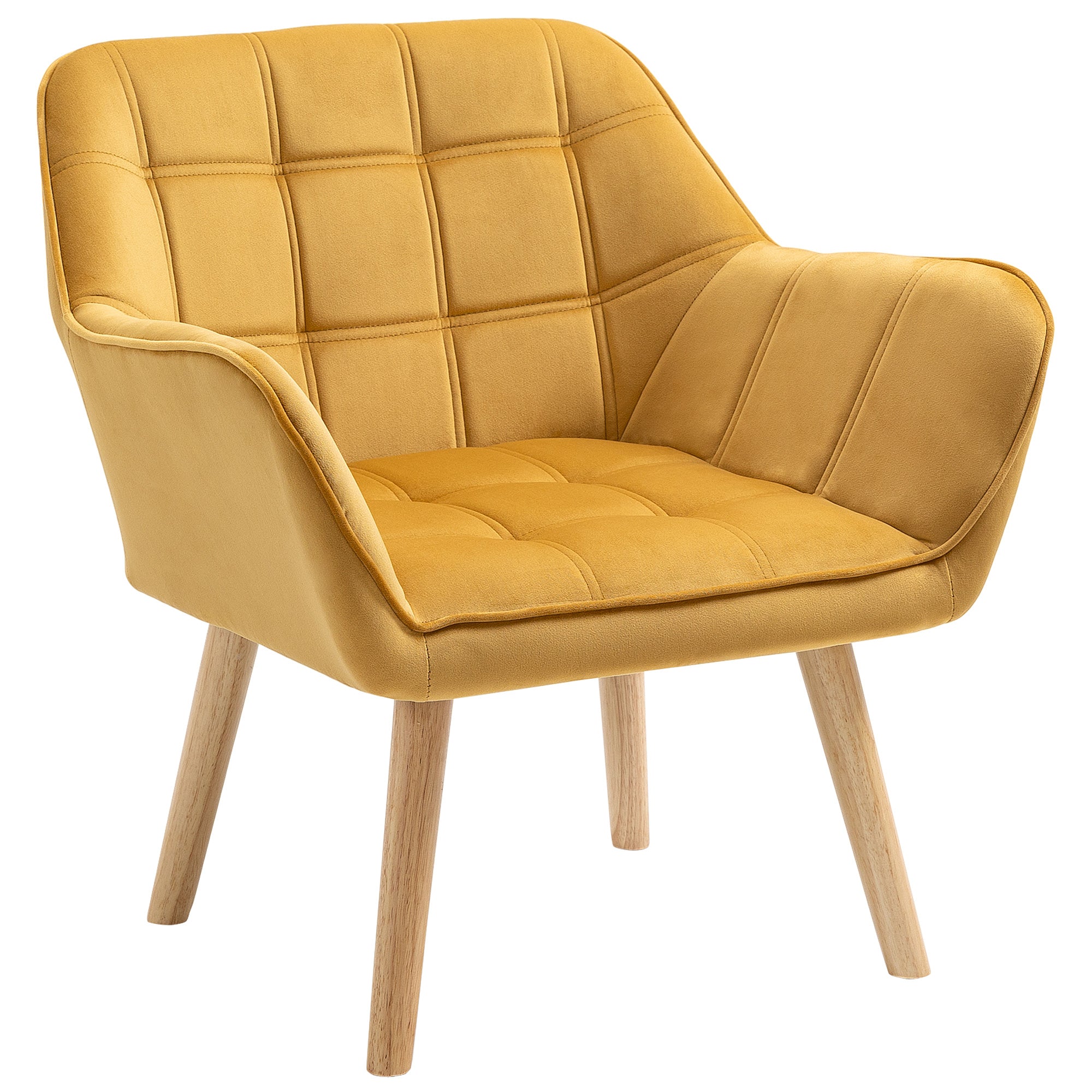 HOMCOM Modern Armchair, Accent Chair with Wide Arms, Slanted Back and Rubber Wood Legs for Living Room, Bedroom, Home Office Yellow - North Peak Garden Furniture