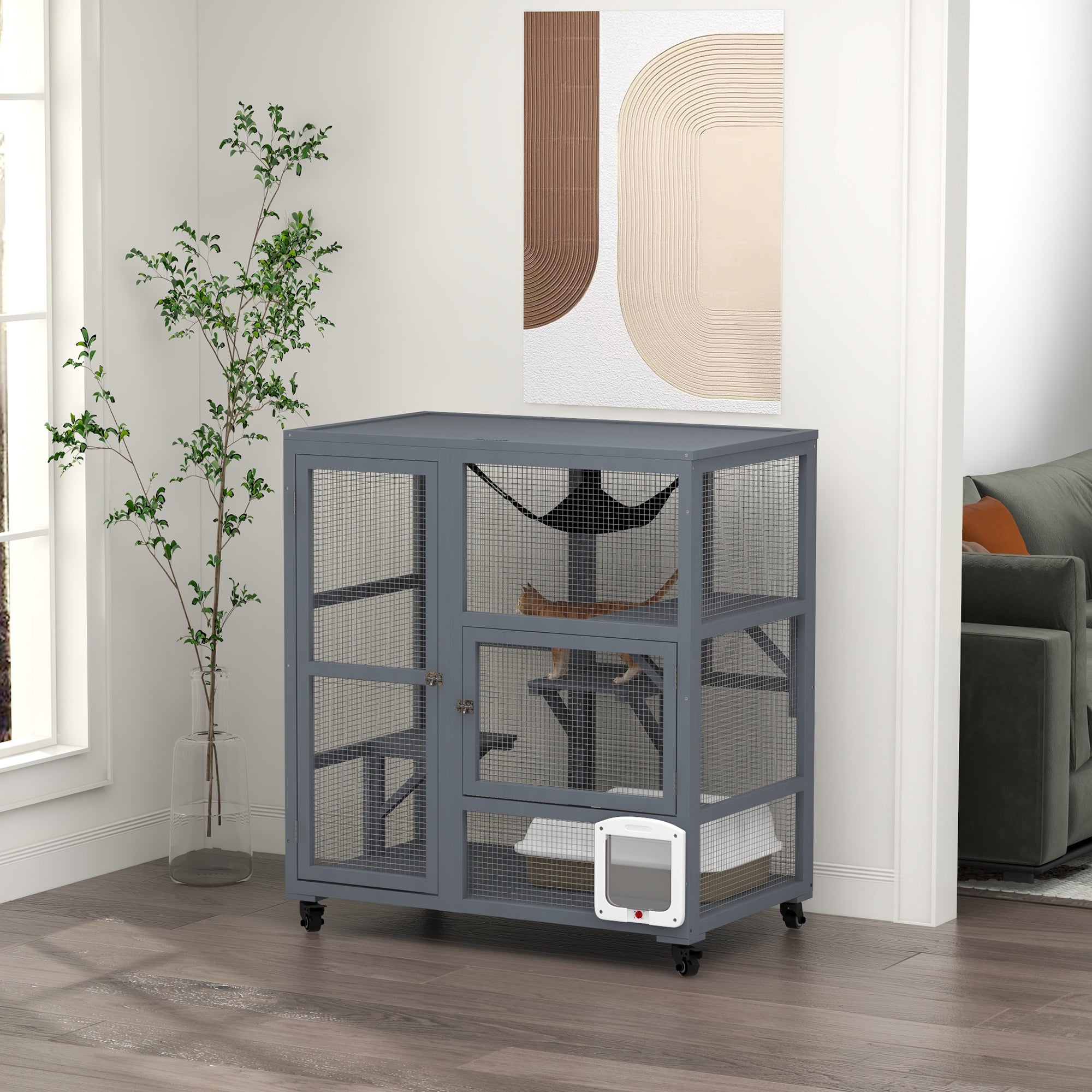 PawHut Cat House, Wooden Outdoor Catio Cat Enclosure on Wheels, Wooden Kitty Cage with Platforms, Hammock, Light Grey - North Peak Garden Furniture