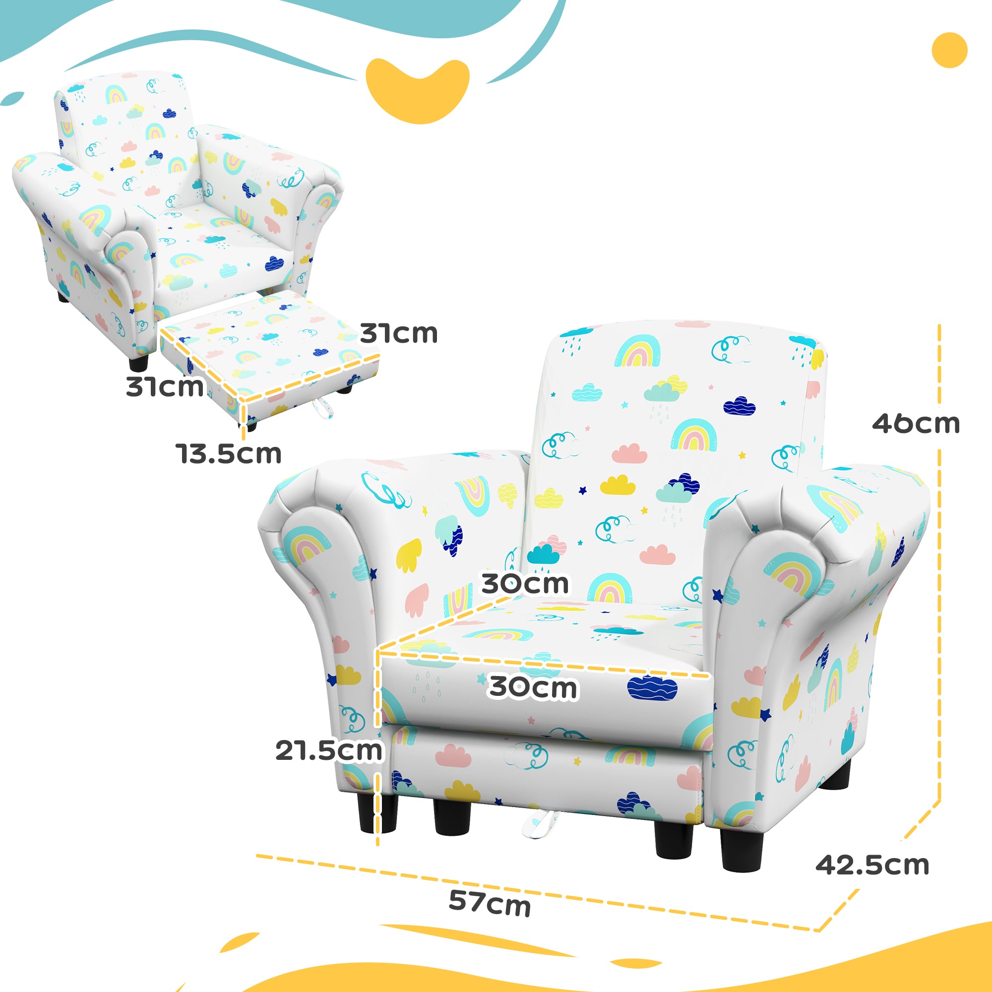 AIYAPLAY 2 Piece Kids Sofa Set with Cloud Design, Wooden Frame, for 1.5-3 Years Old, White - North Peak Garden Furniture