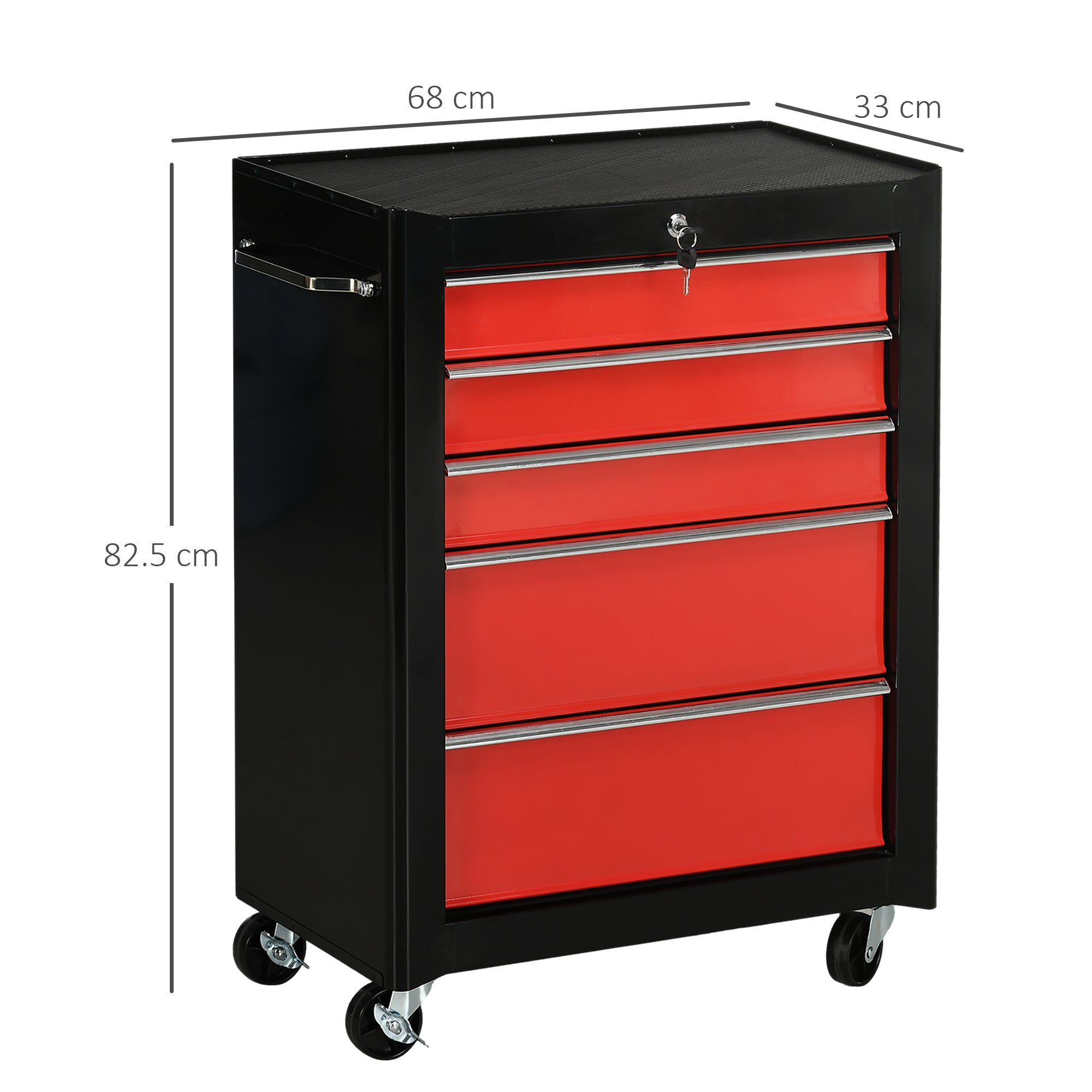 HOMCOM 5-Drawer Tool Chest, Lockable Steel Tool Storage Cabinet with Wheels and Handle Tool Box for Garage, Workshop, Red - North Peak Garden Furniture