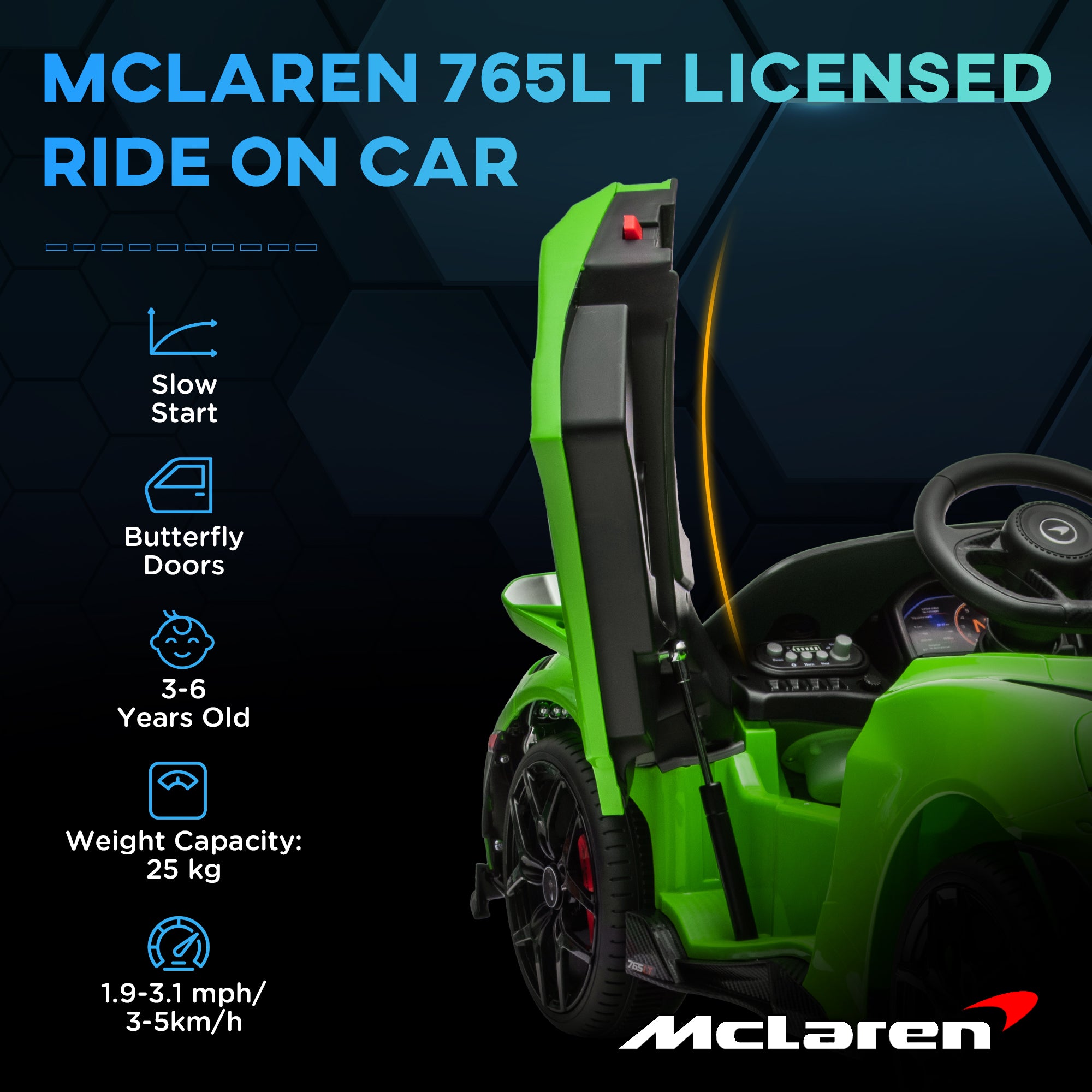 AIYAPLAY McLaren 765LT Licensed 12V Kids Electric Ride on Car with Butterfly Doors Remote Control Transport Wheels Green - North Peak Garden Furniture