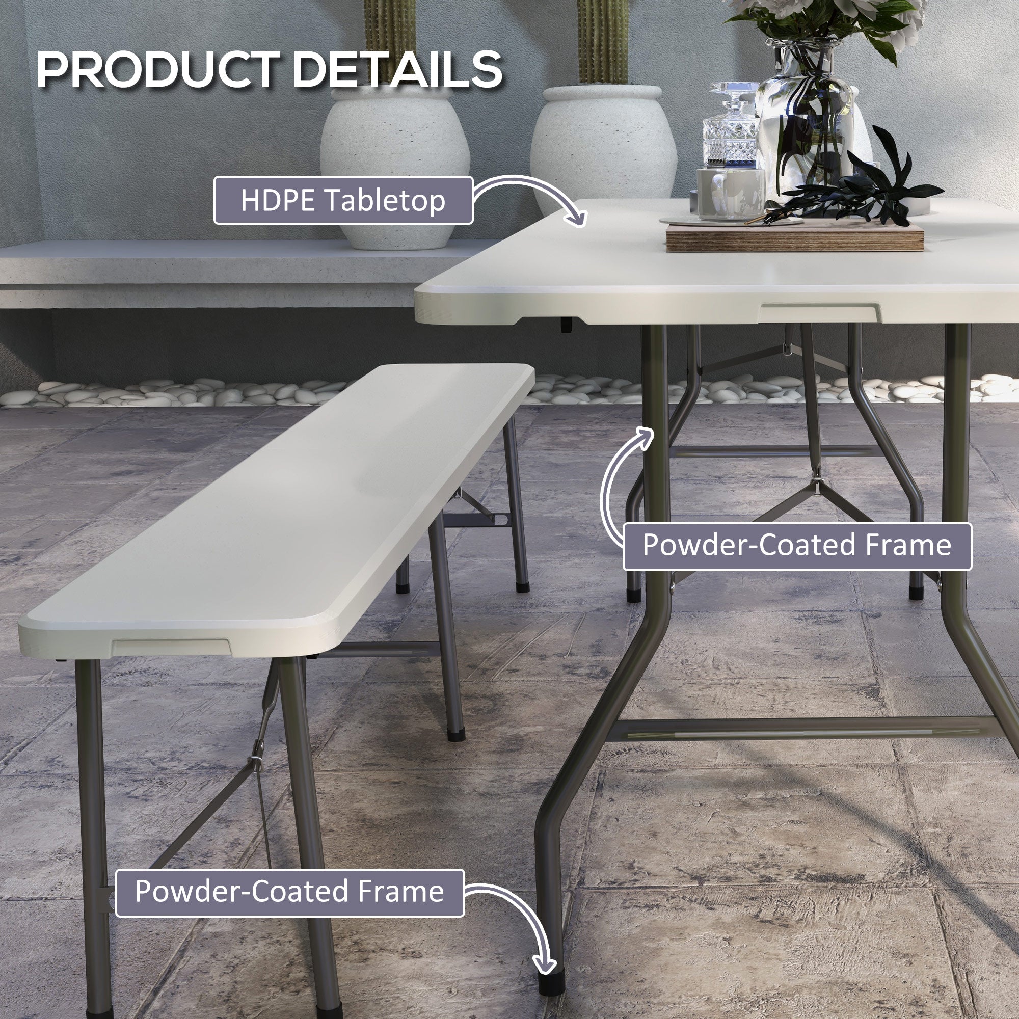 Outsunny 180 x 75cm Folding Garden Table, Outdoor HDPE Picnic Table for 6, Rectangular Patio Table with Metal Frame, White - North Peak Garden Furniture
