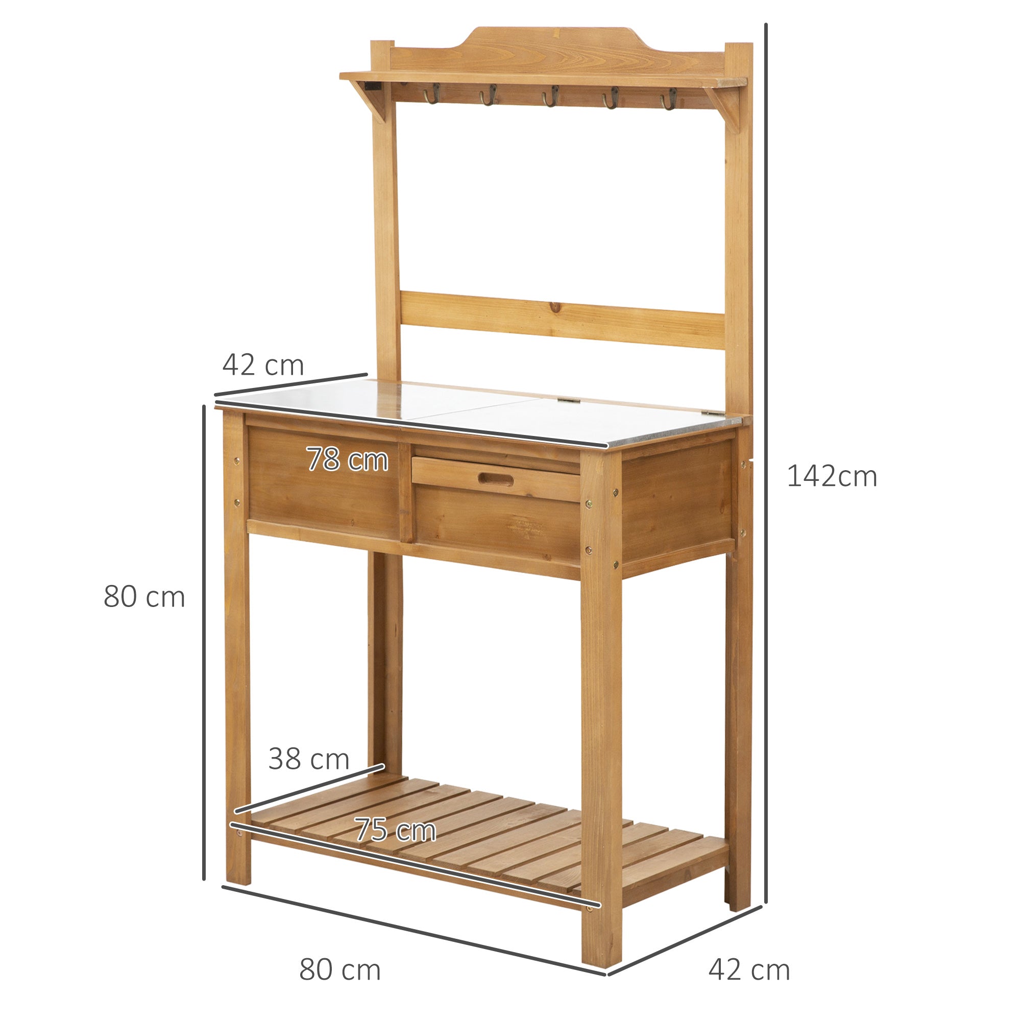 Outsunny Wooden Spacious Garden Potting Table with Large Storage Space Galvanized Metal Workstation Sink Shelves 80L x 42W x 142H cm