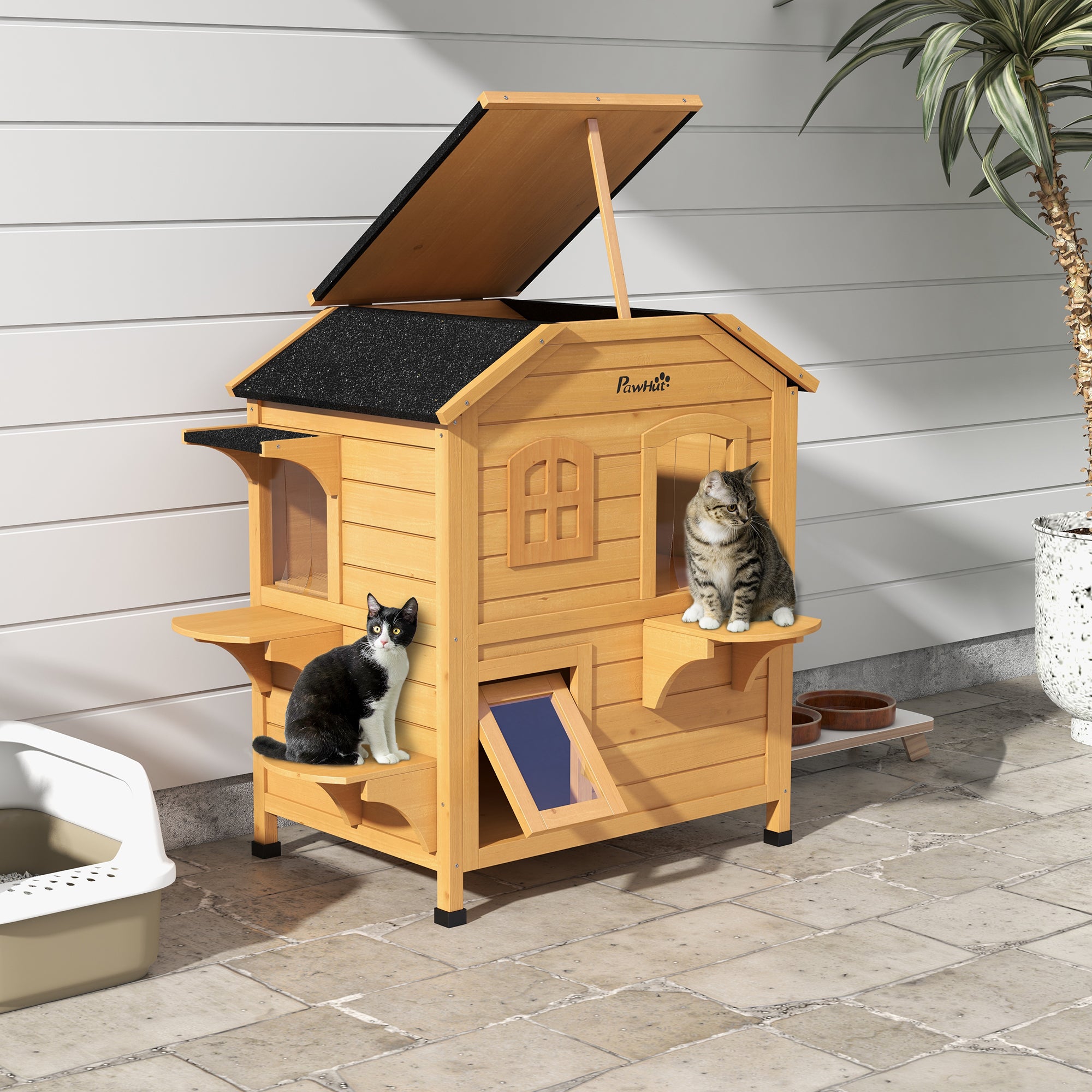 PawHut 2-story Cat House Outdoor, Weatherproof Wooden Cat Enclosure for Feral Cats with Escape Door, Openable Roof, Jumping Platforms, Natural Wood Finish