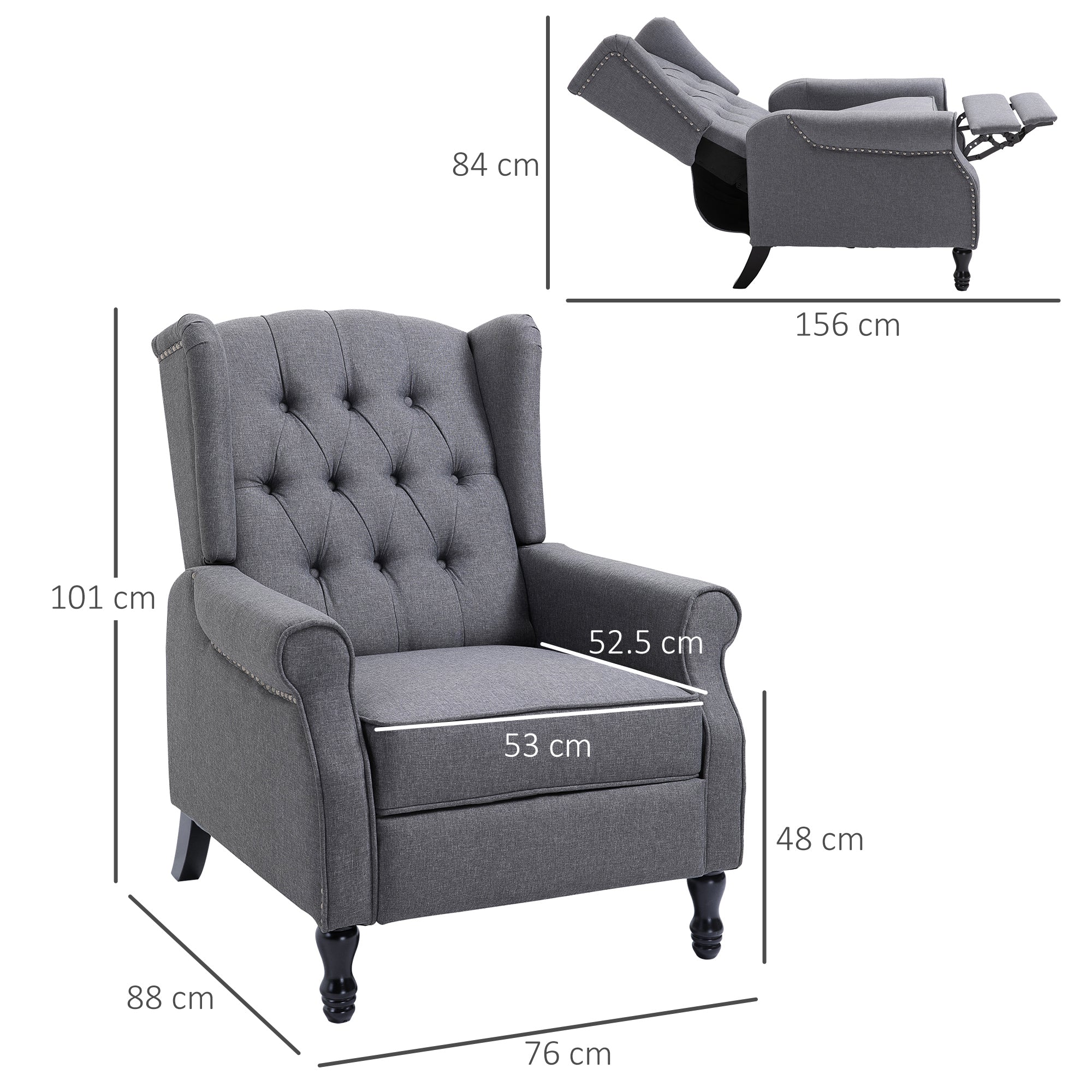 HOMCOM Recliner Armchair, Vintage Reclining Chair with Nail Head Trim, Wingback Chair with Button Tufted Back and Footrest, for Living Room, Light Grey - North Peak Garden Furniture