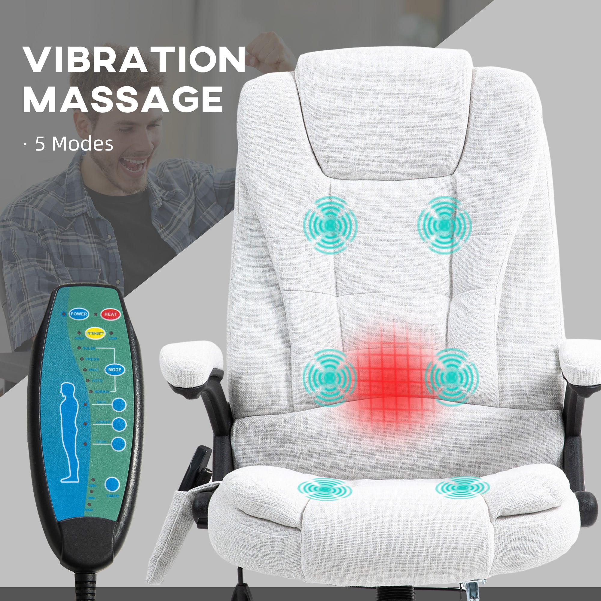 Vinsetto Massage Recliner Chair Heated Office Chair with Six Massage Points Linen-Feel Fabric 360° Swivel Wheels Cream White - North Peak Garden Furniture