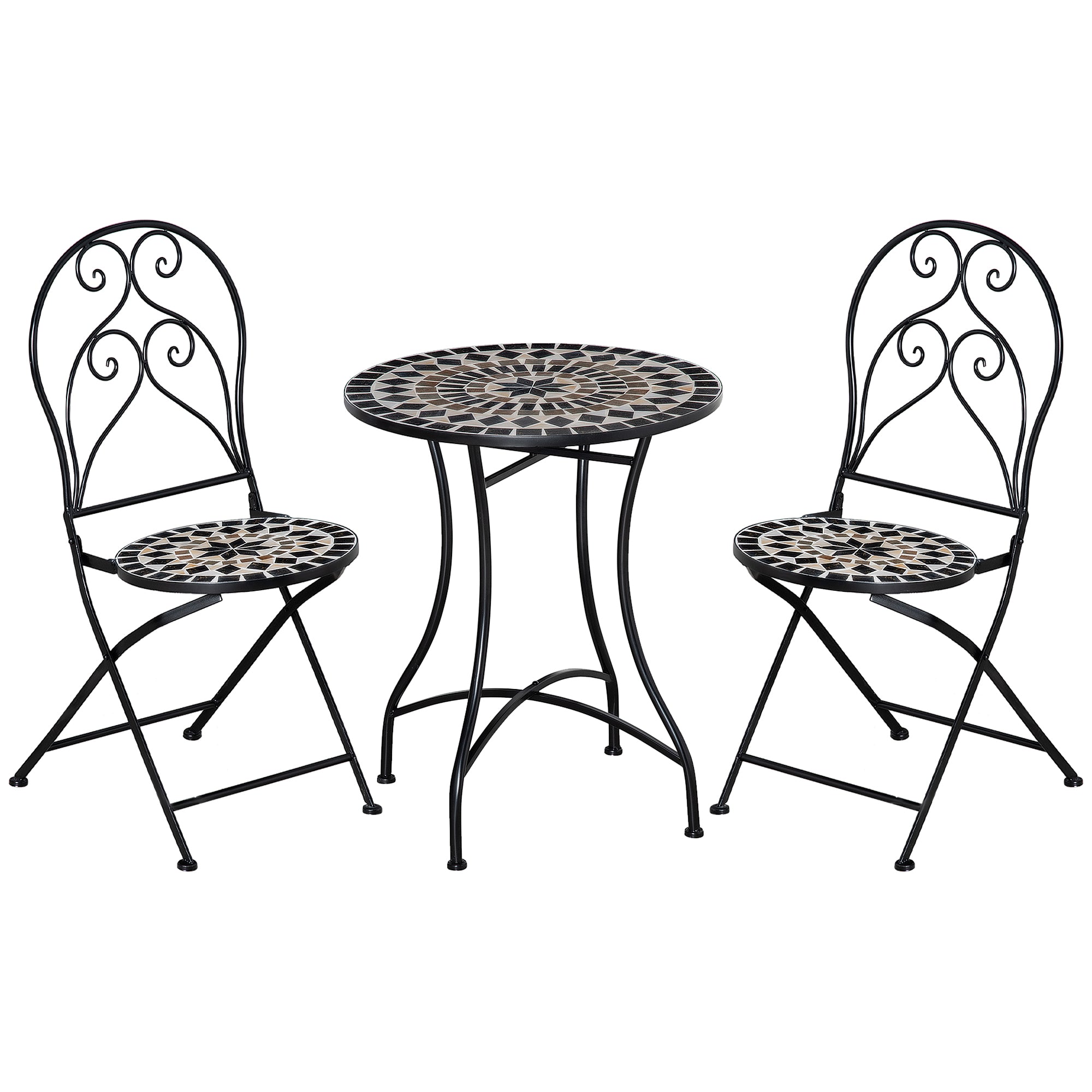 Outsunny 3 Piece Garden Bistro Set with Coffee Table and 2 Folding Chairs, Mosaic Tile Top and Seats, Metal Frame, for Patio Balcony