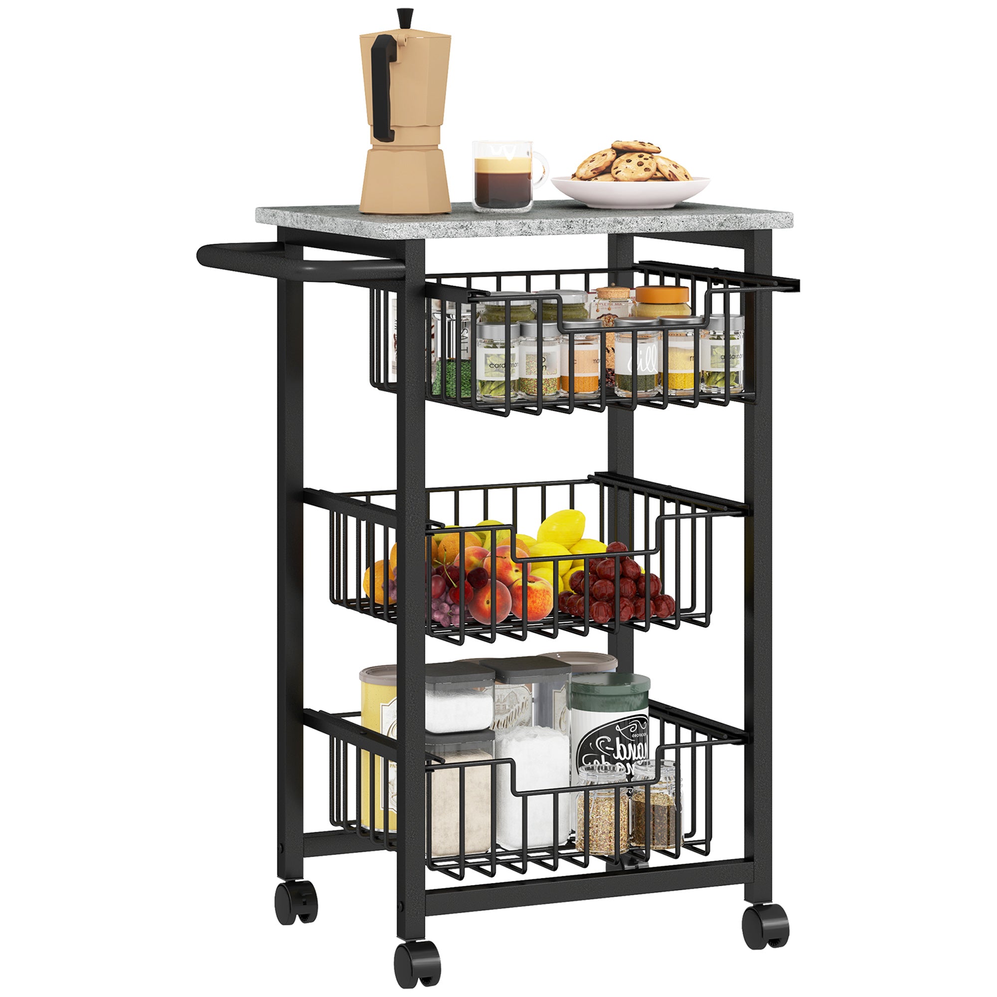 HOMCOM Three Basket Mobile Kitchen Island, with Brakes - Grey/Black - North Peak Garden Furniture