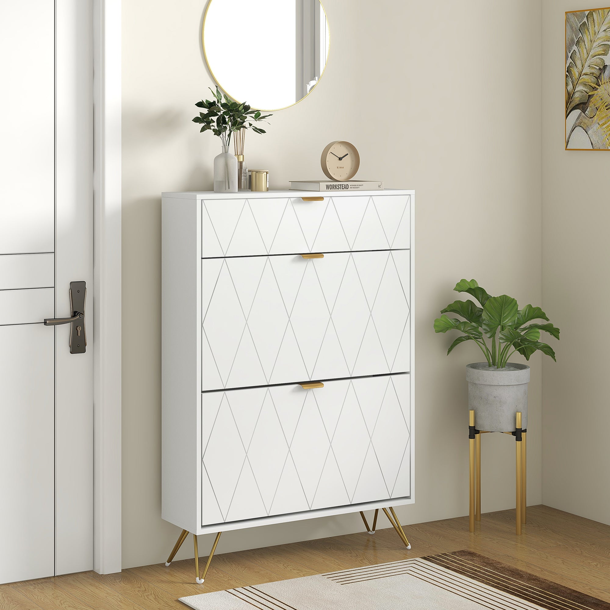 HOMCOM Two Flip Drawer Narrow Shoe Cabinet - White - North Peak Garden Furniture