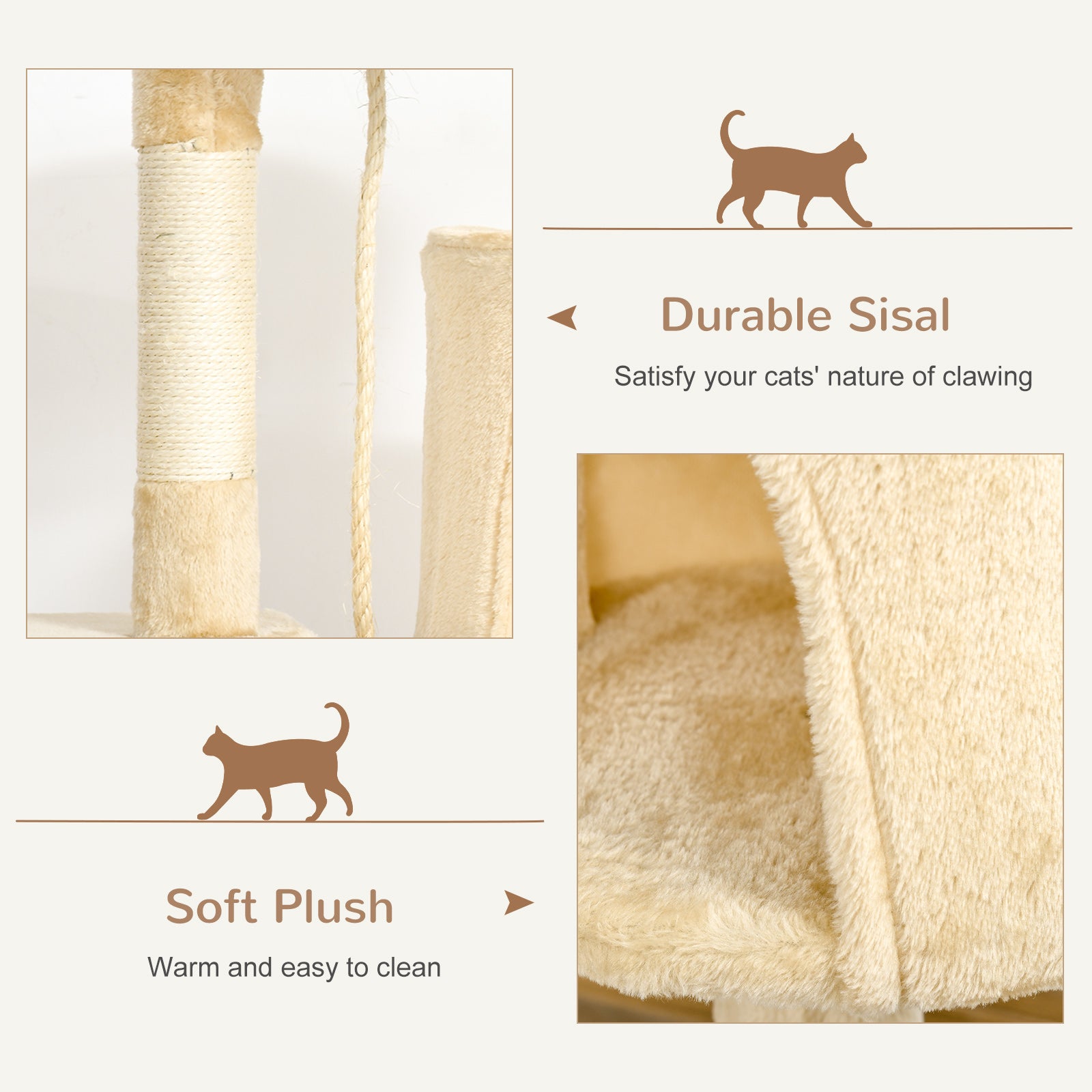 PawHut Cat Tree House, Multi-Level Activity Centre with Scratching Posts, 114 cm High, Beige