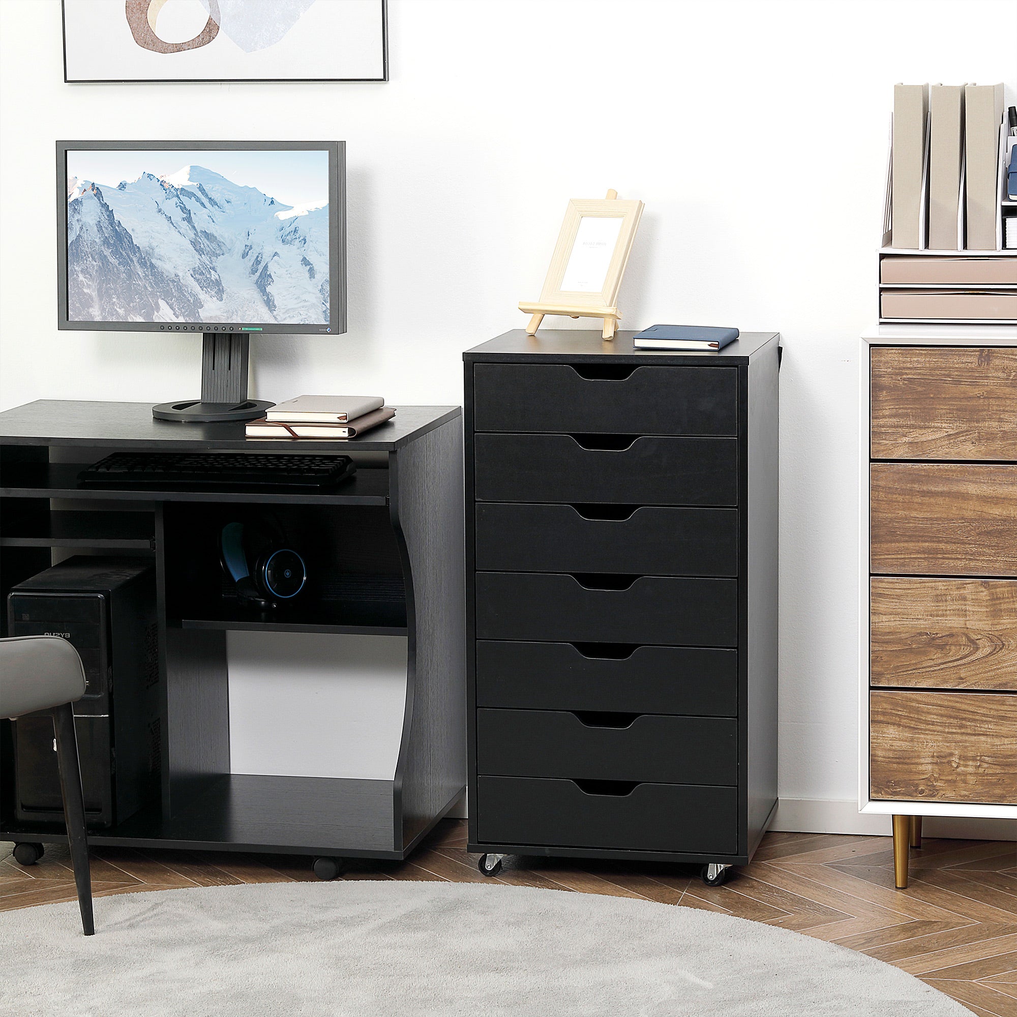 Vinsetto Seven-Drawer Filing Cabinet, with Wheels - Black - North Peak Garden Furniture