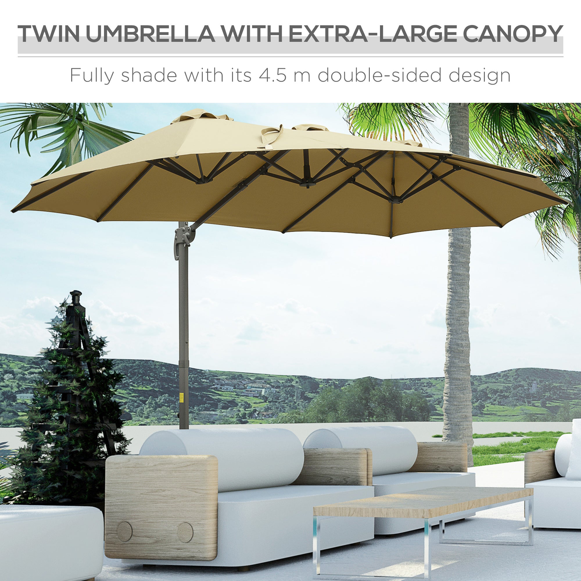 Outsunny 4.5 m Patio Parasol, Large Double-Sided Rectangular Garden Umbrella with Crank Handle, 360° Cross Base for Bench, Outdoor, Khaki