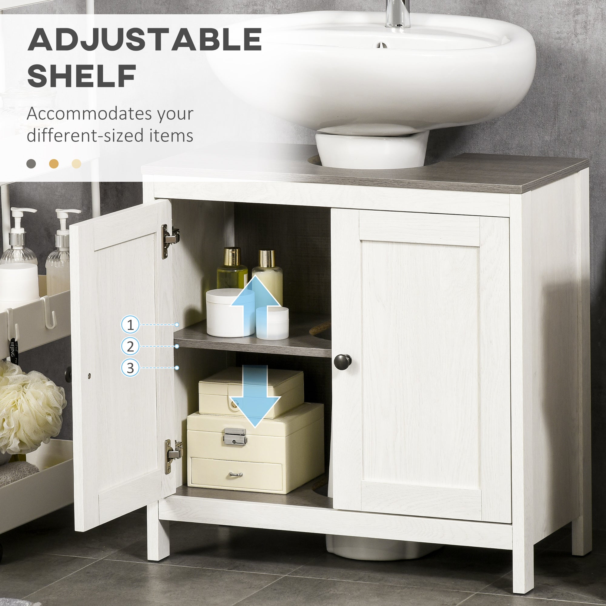 kleankin Modern Bathroom Sink Cabinet, Floor Standing Under Sink Cabinet, Freestanding Storage Cupboard with Adjustable Shelf, Double Doors, Antique White - North Peak Garden Furniture