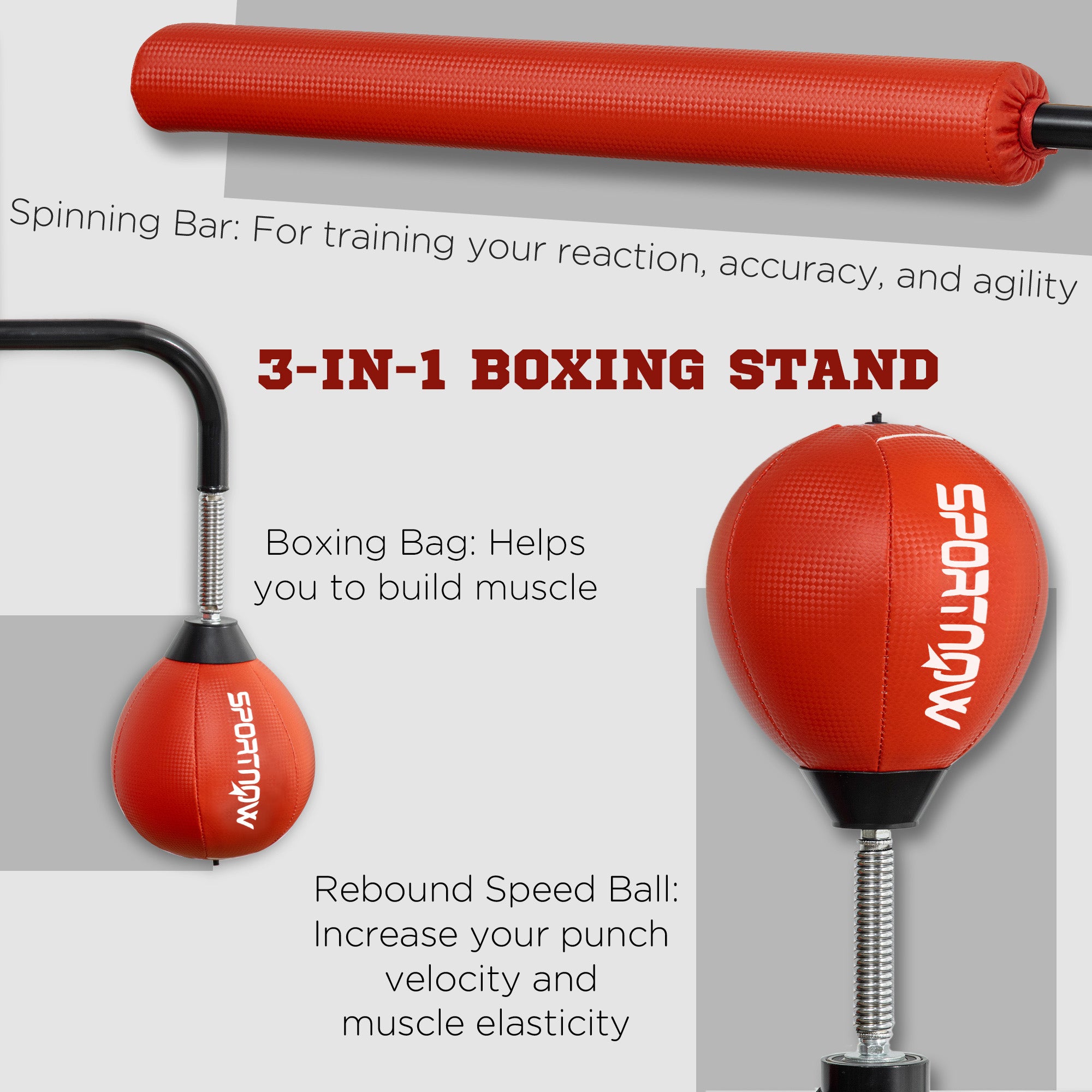 SPORTNOW Boxing Bag, Freestanding Punching Bag, with Reflex Bar, Speed Balls, Red - North Peak Garden Furniture